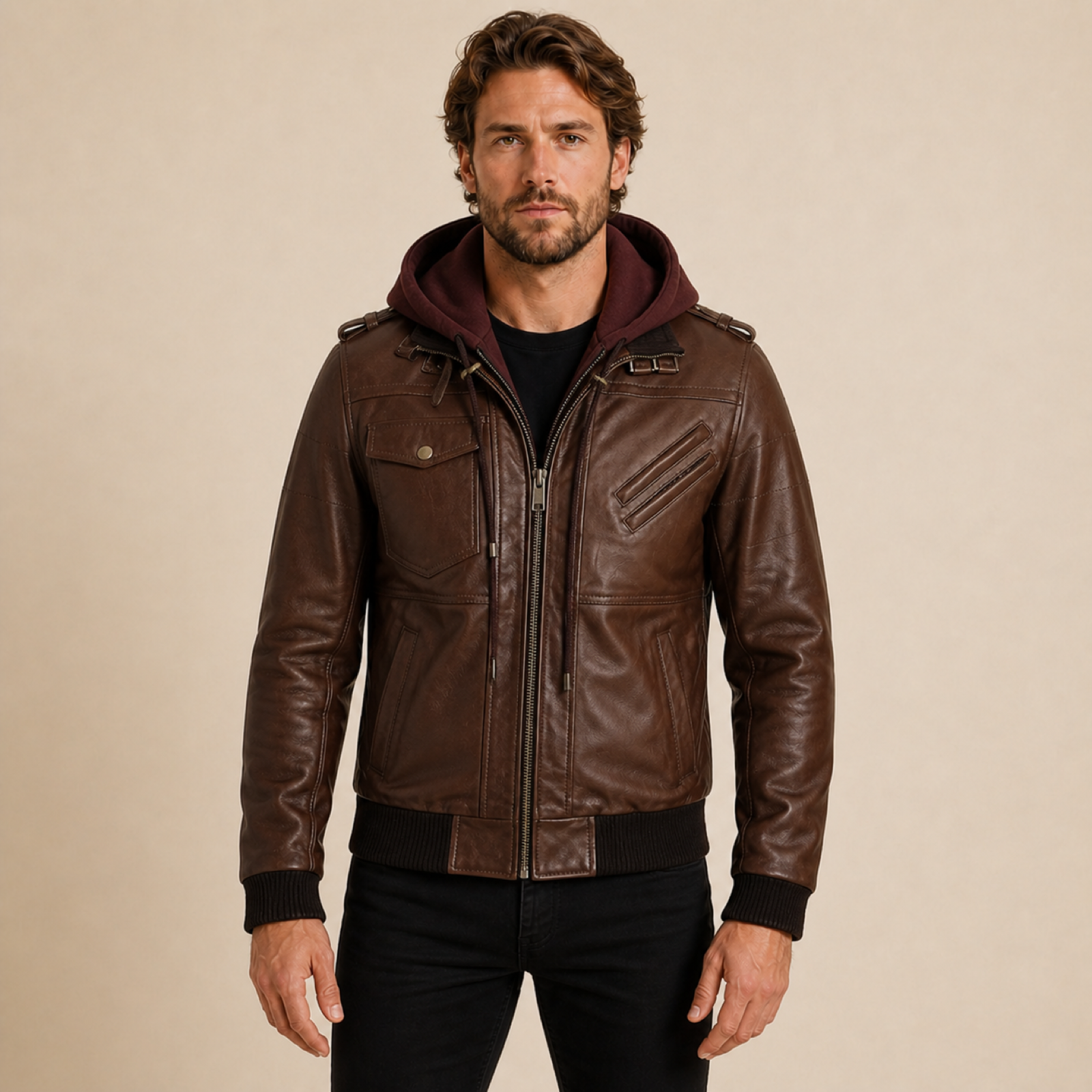 Man wearing a MOTOGRIP GEAR dark brown lambskin leather bomber jacket with a removable hood.
