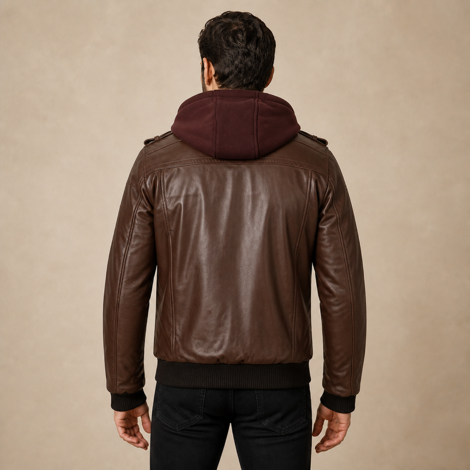 Men's Dark Brown Removable-Hood Lambskin Leather Bomber Jacket image 2
