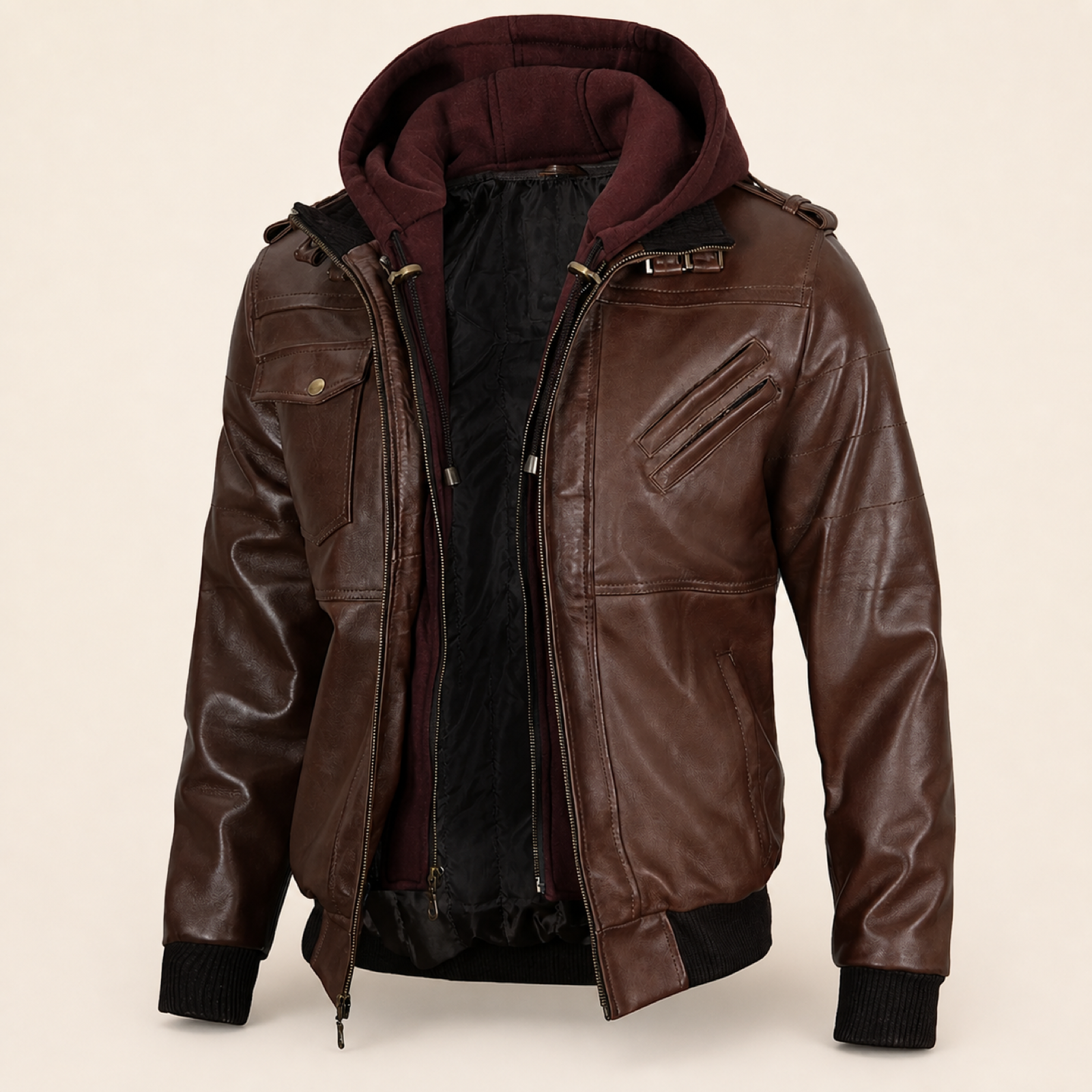 Men's Dark Brown Removable-Hood Lambskin Leather Bomber Jacket image 3