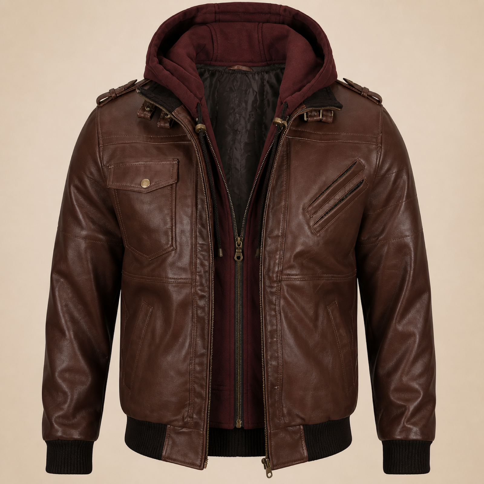 Men's Dark Brown Removable-Hood Lambskin Leather Bomber Jacket image 5