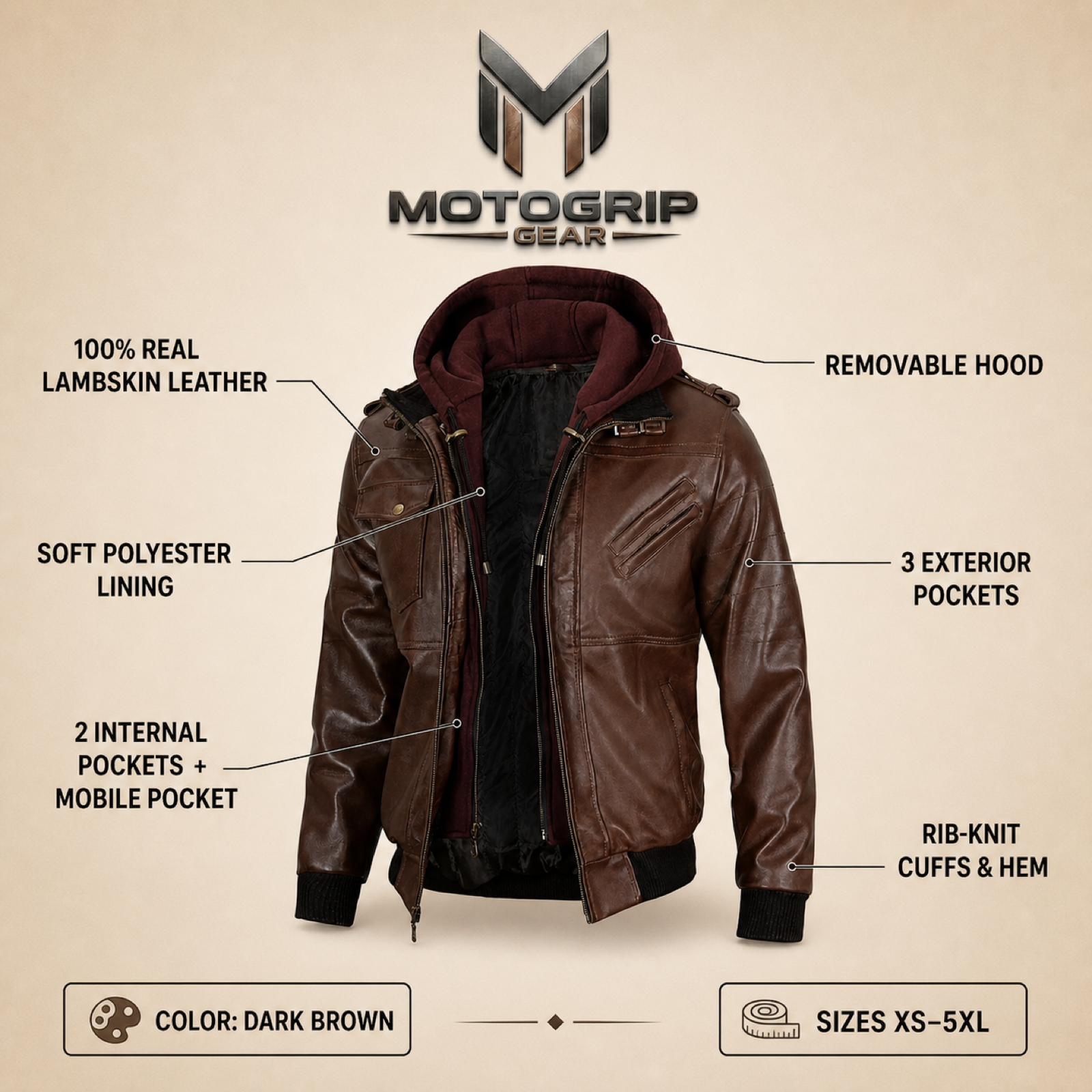 Men's Dark Brown Removable-Hood Lambskin Leather Bomber Jacket image 6