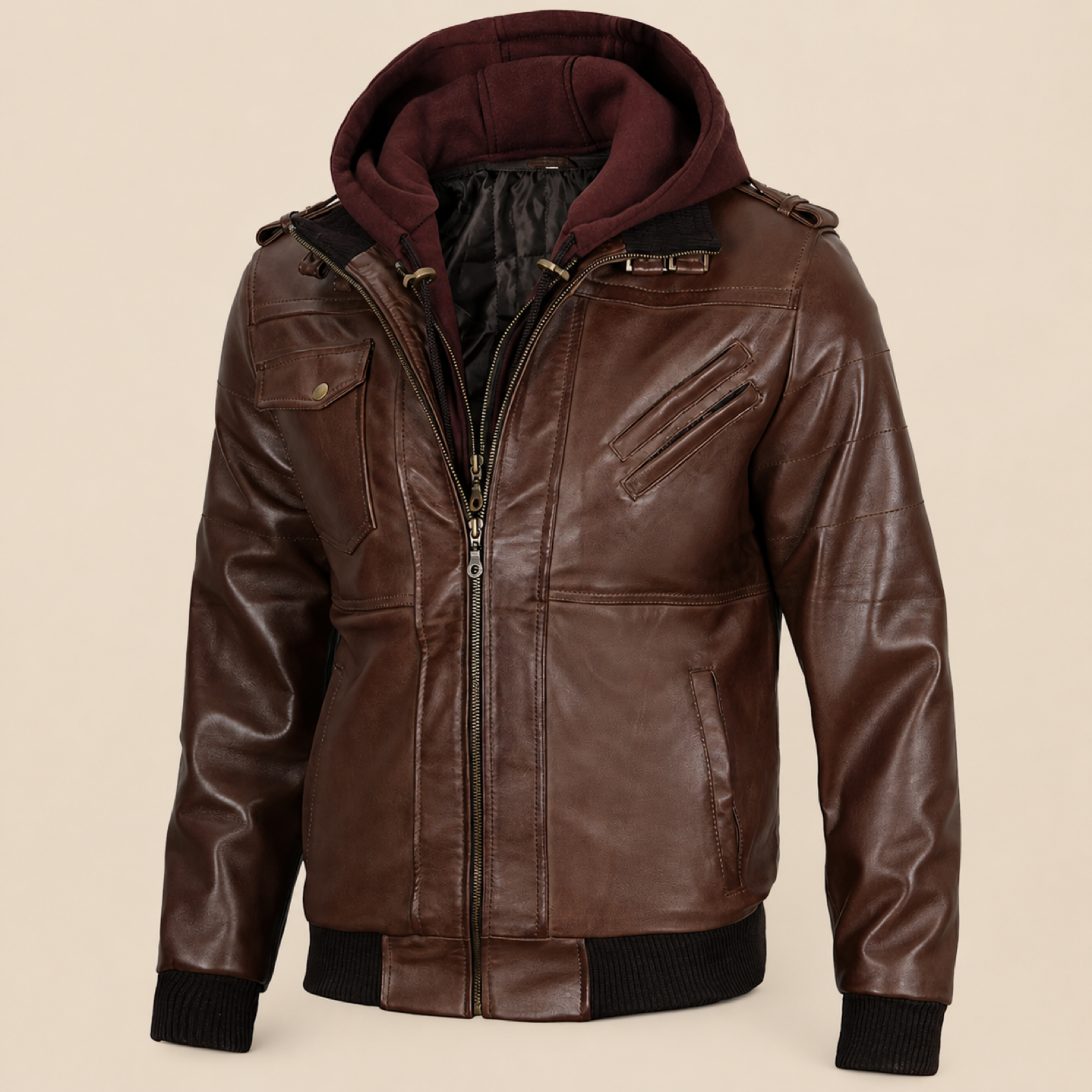 Men's Dark Brown Removable-Hood Lambskin Leather Bomber Jacket image 7