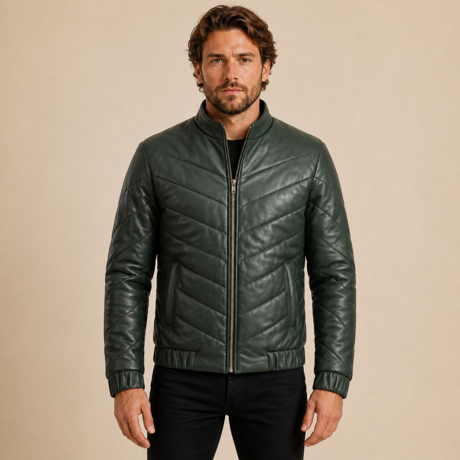 Front view of a man wearing a MOTOGRIP GEAR deep green chevron quilted sheepskin leather puffer jacket.