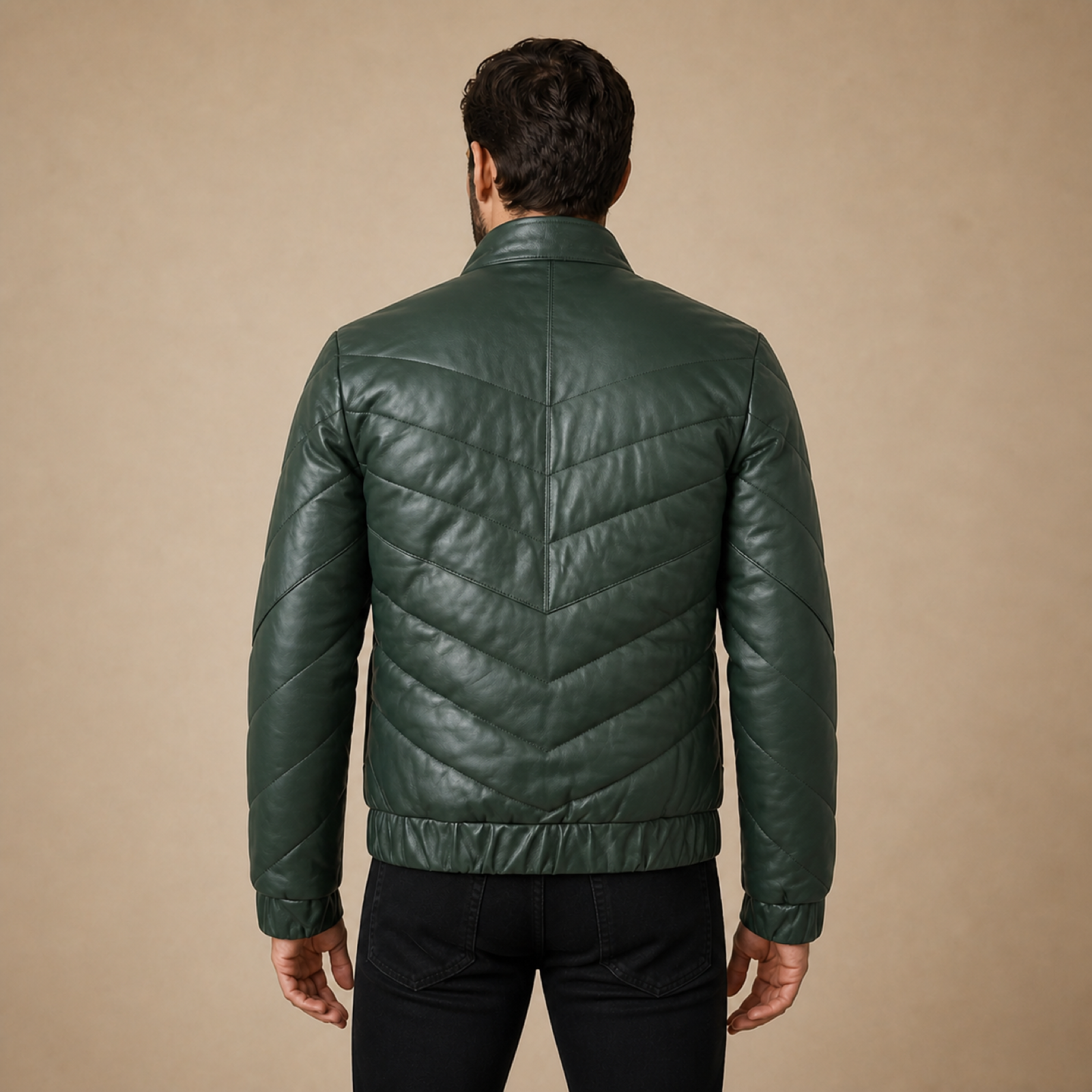 Men's Deep Green Chevron Quilted Sheepskin Leather Puffer Jacket image 2