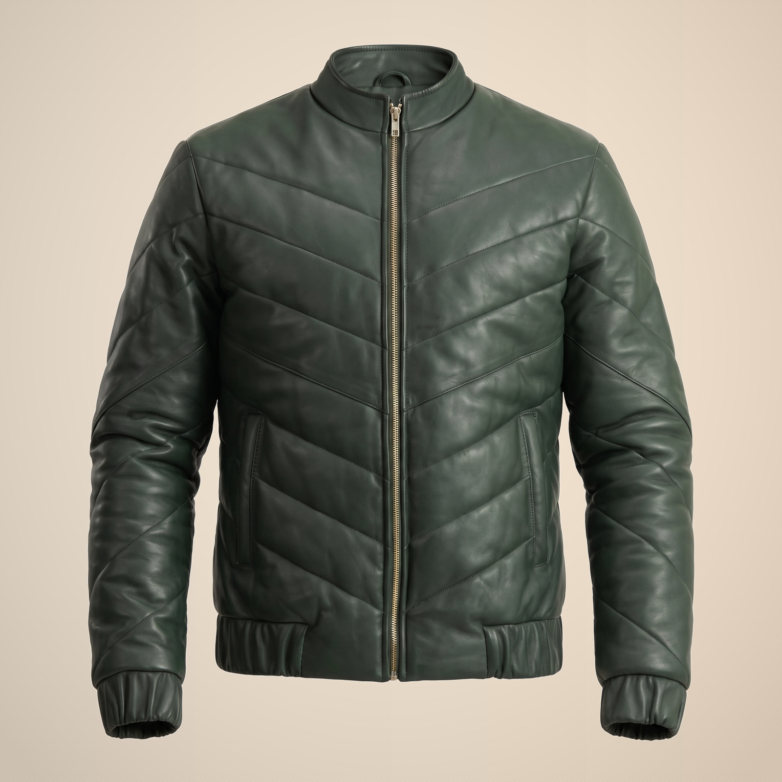 Men's Deep Green Chevron Quilted Sheepskin Leather Puffer Jacket image 3