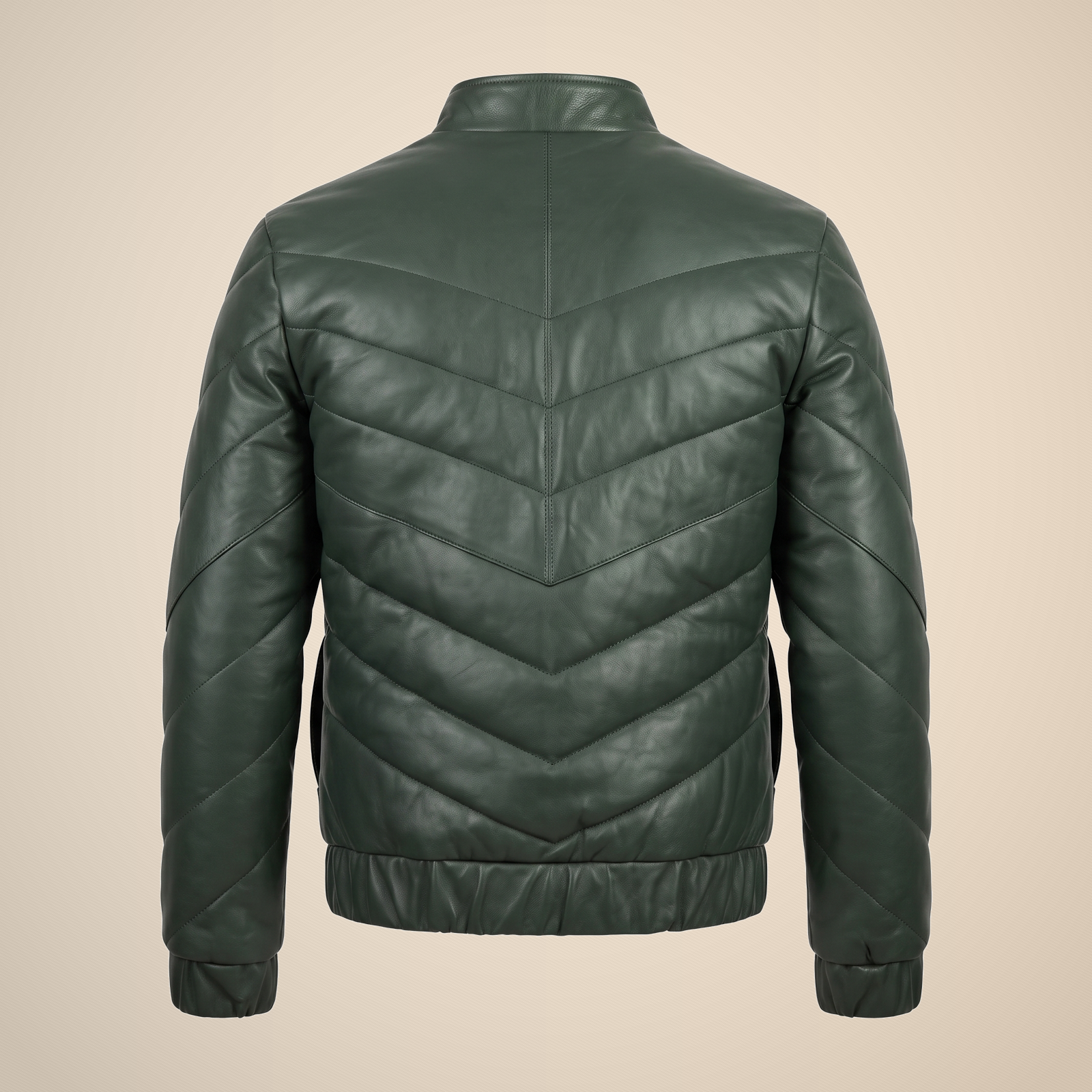 Men's Deep Green Chevron Quilted Sheepskin Leather Puffer Jacket image 4