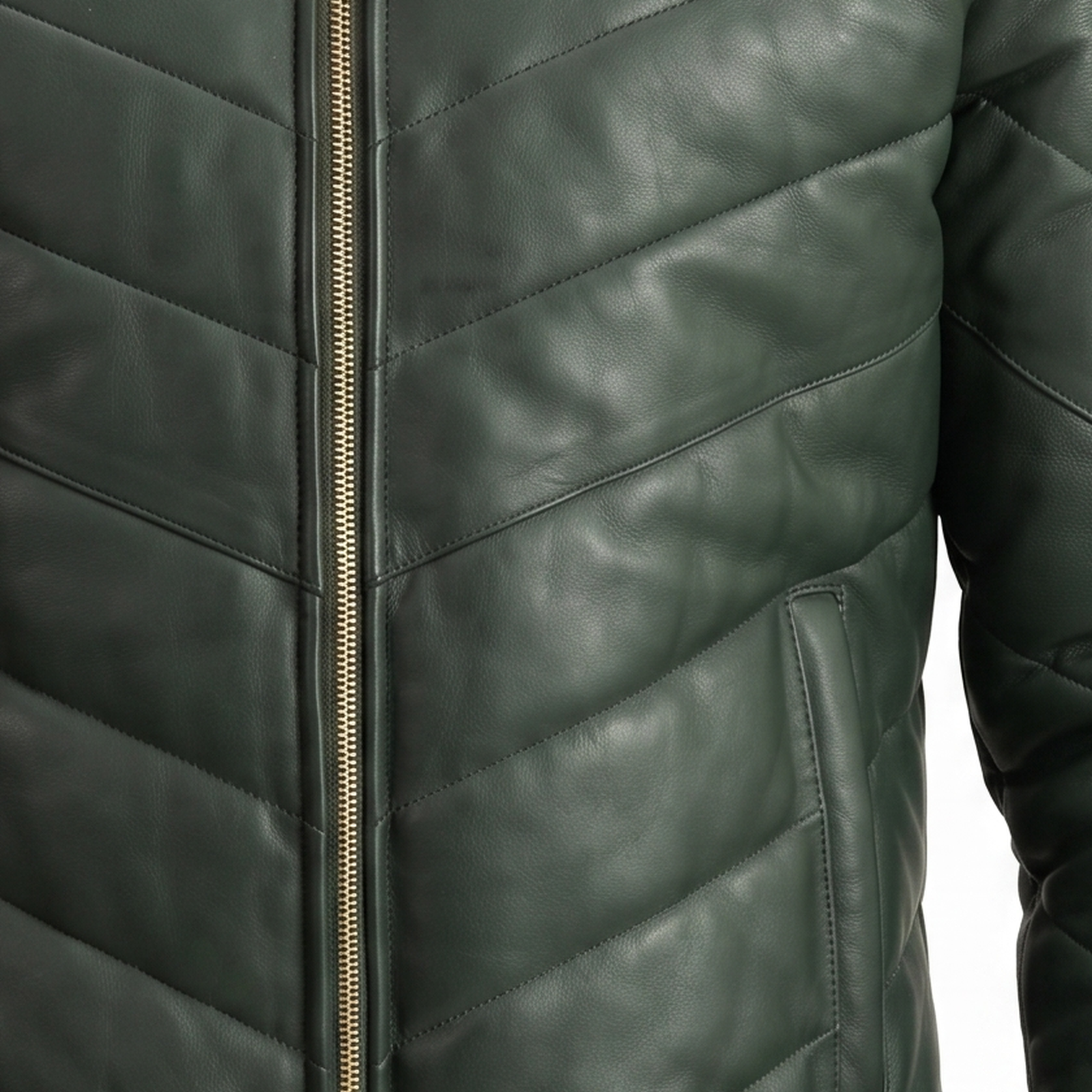 Men's Deep Green Chevron Quilted Sheepskin Leather Puffer Jacket image 5
