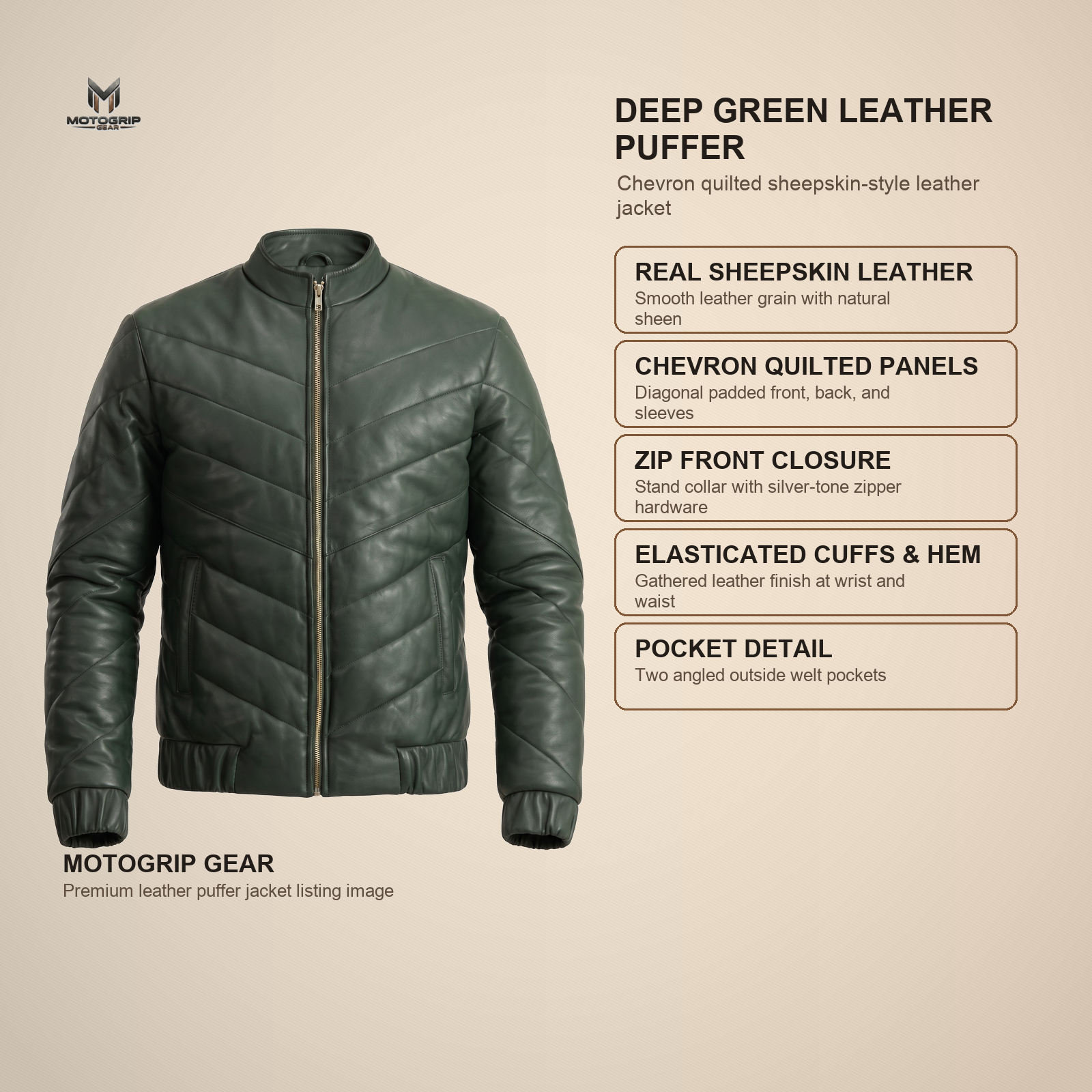 Men's Deep Green Chevron Quilted Sheepskin Leather Puffer Jacket image 6