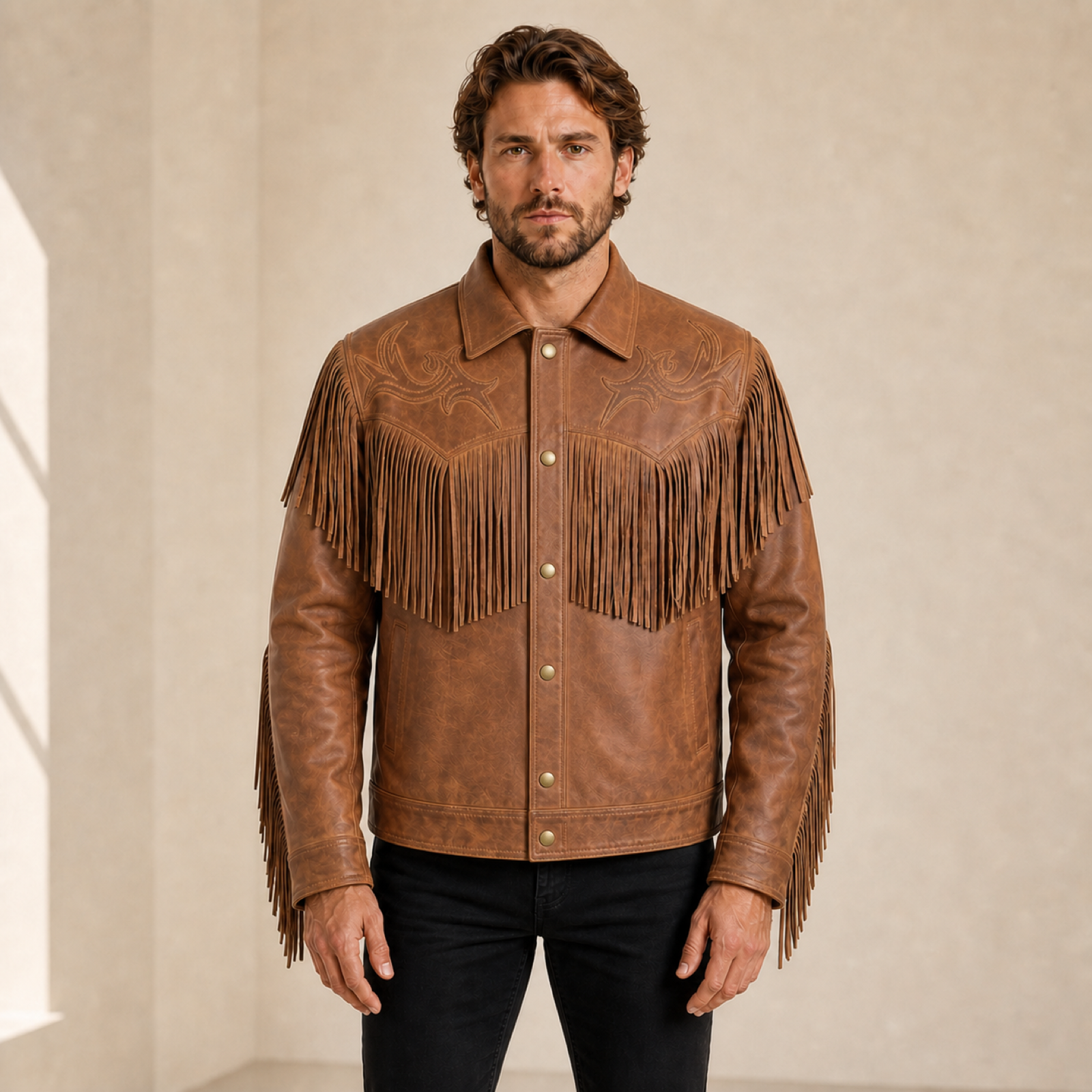 Man wearing a distressed brown cowhide Western fringe jacket from the front.