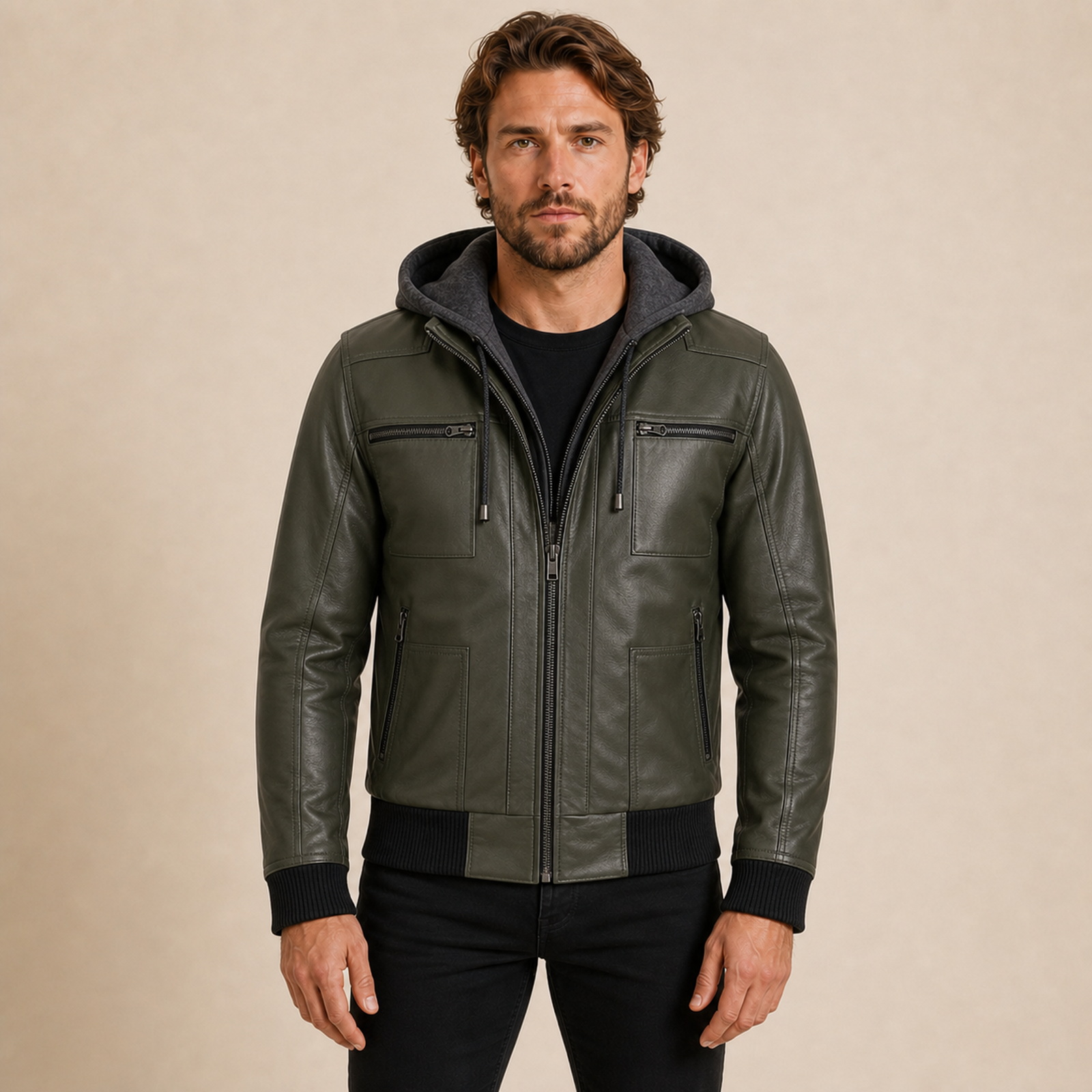 MOTOGRIP GEAR men's olive green real leather jacket with removable hood worn by model, front view on warm beige background.