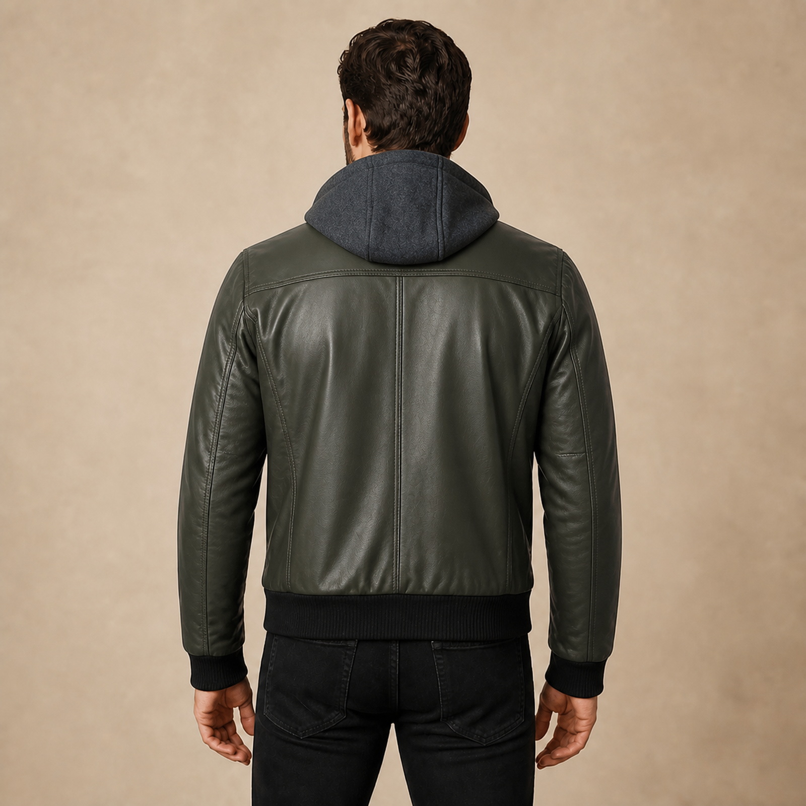 Men's Olive Green Real Leather Jacket With Removable Hood image 2