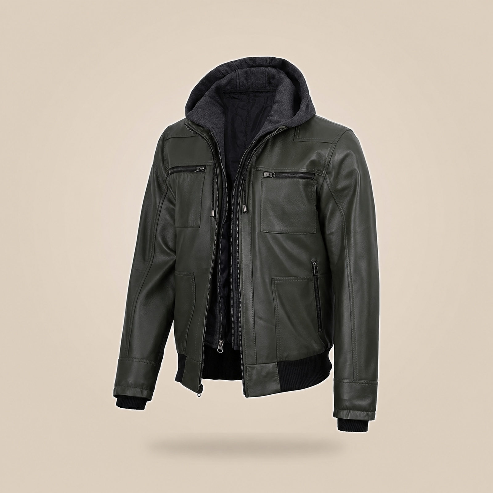 Men's Olive Green Real Leather Jacket With Removable Hood image 3