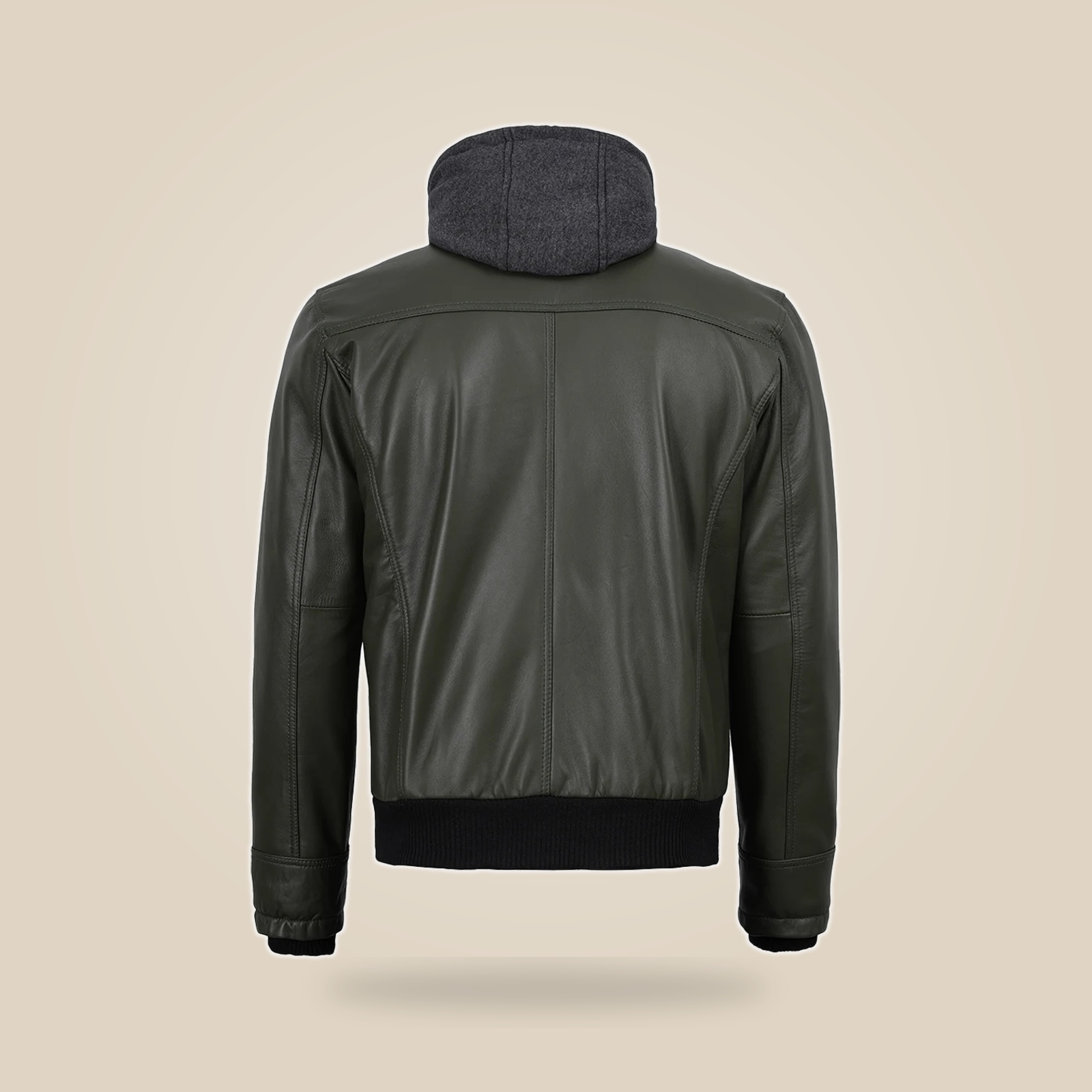 Men's Olive Green Real Leather Jacket With Removable Hood image 4