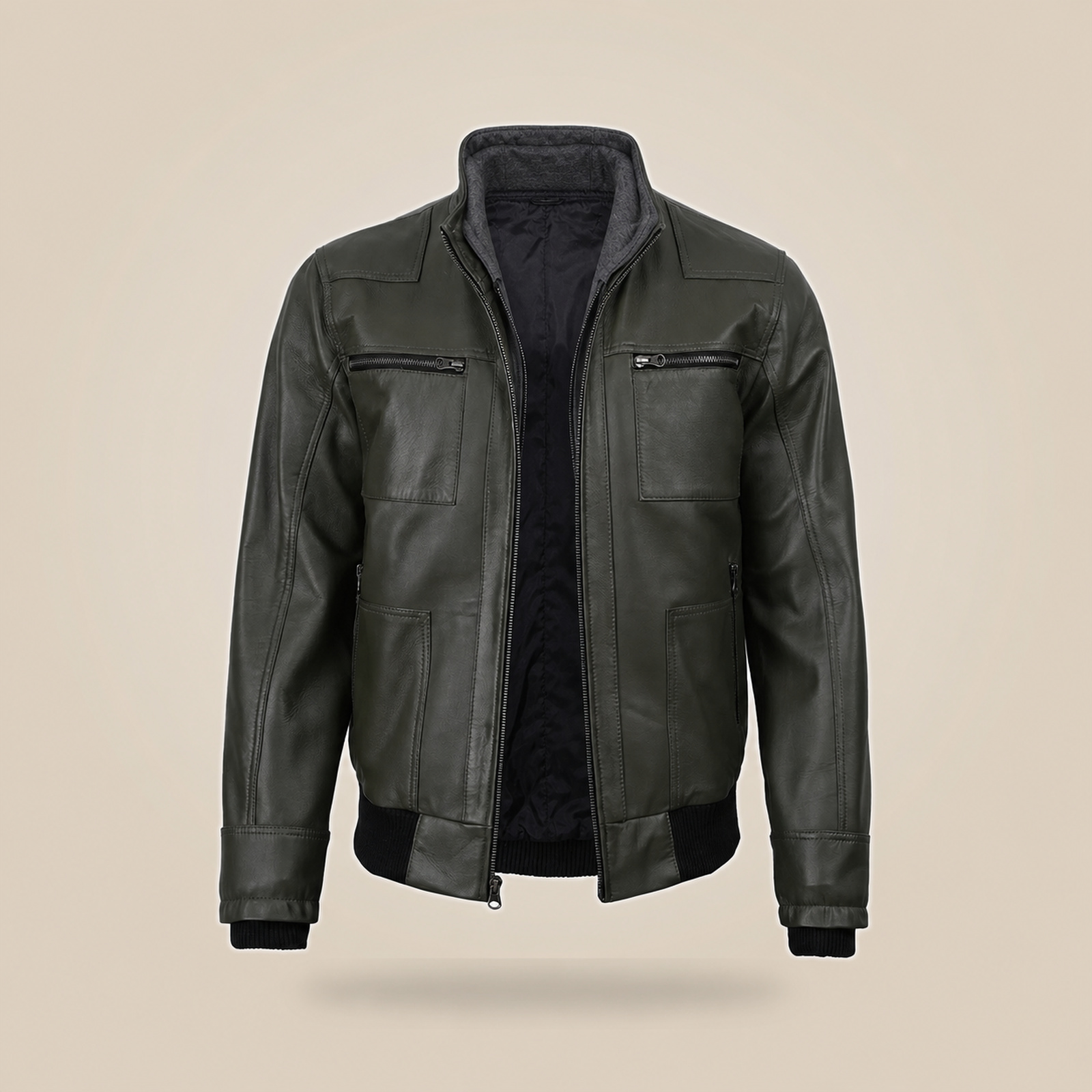 Men's Olive Green Real Leather Jacket With Removable Hood image 5
