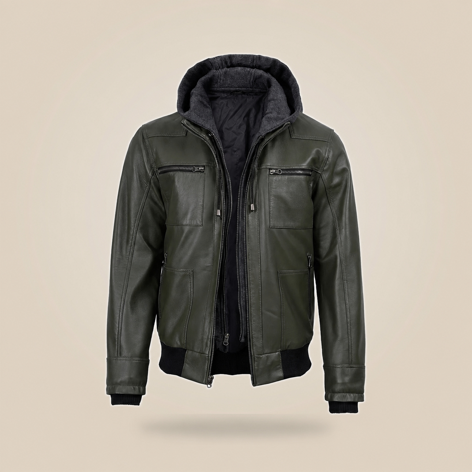 Men's Olive Green Real Leather Jacket With Removable Hood image 6
