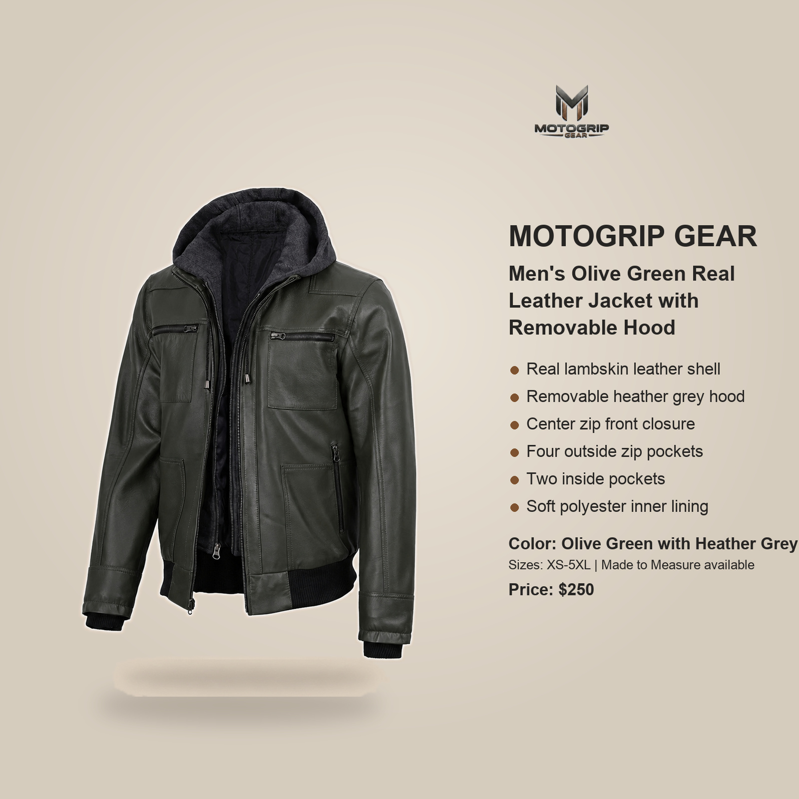 Men's Olive Green Real Leather Jacket With Removable Hood image 7