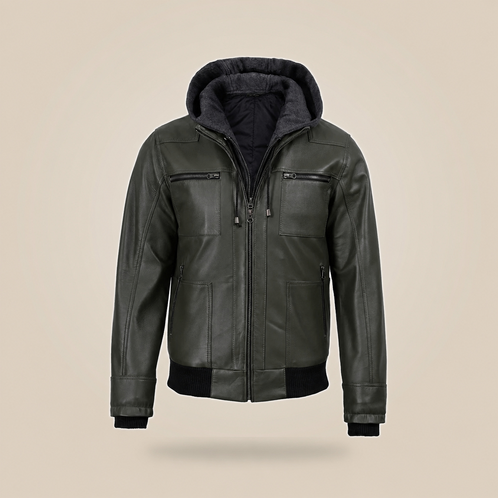 Men's Olive Green Real Leather Jacket With Removable Hood image 8