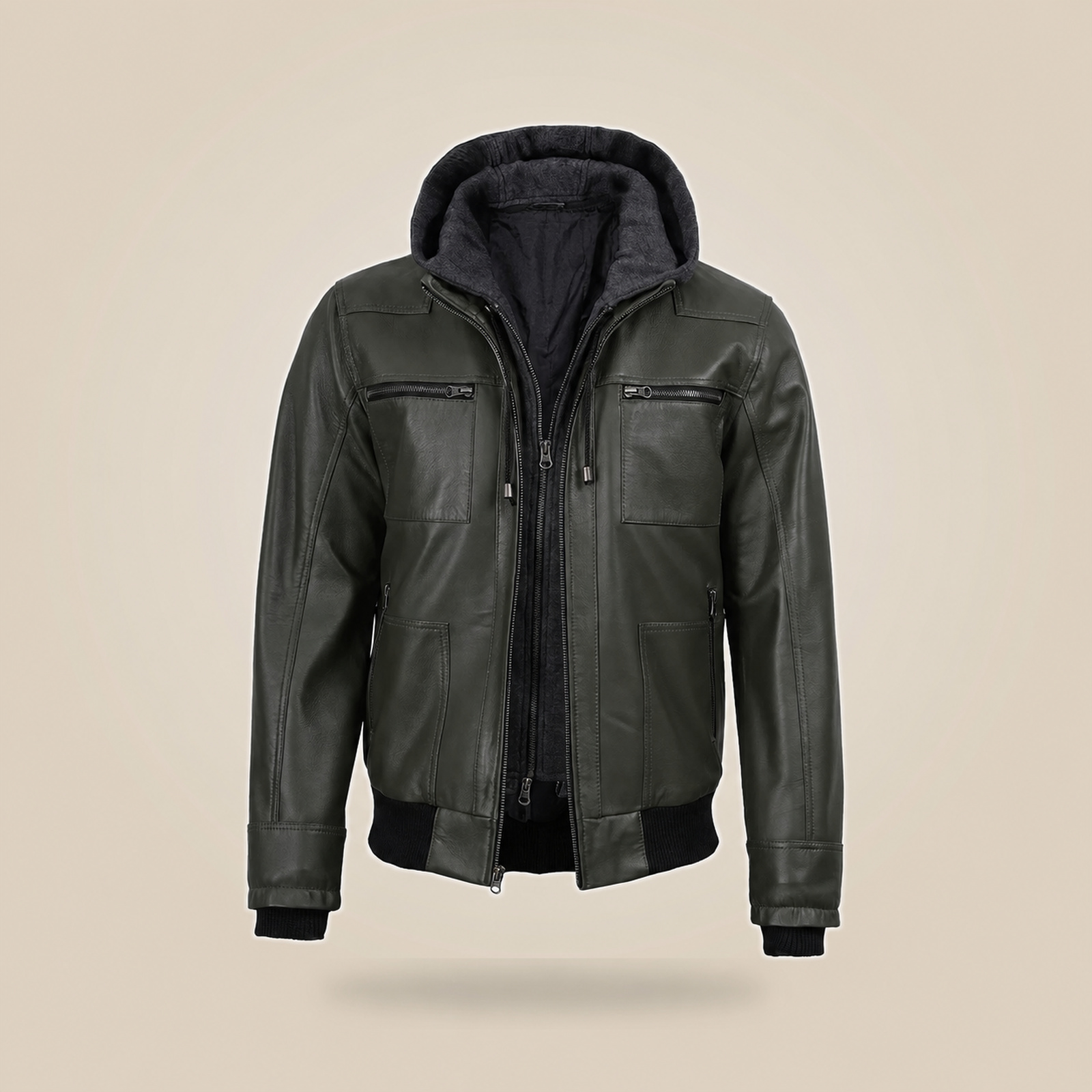 Men's Olive Green Real Leather Jacket With Removable Hood image 9