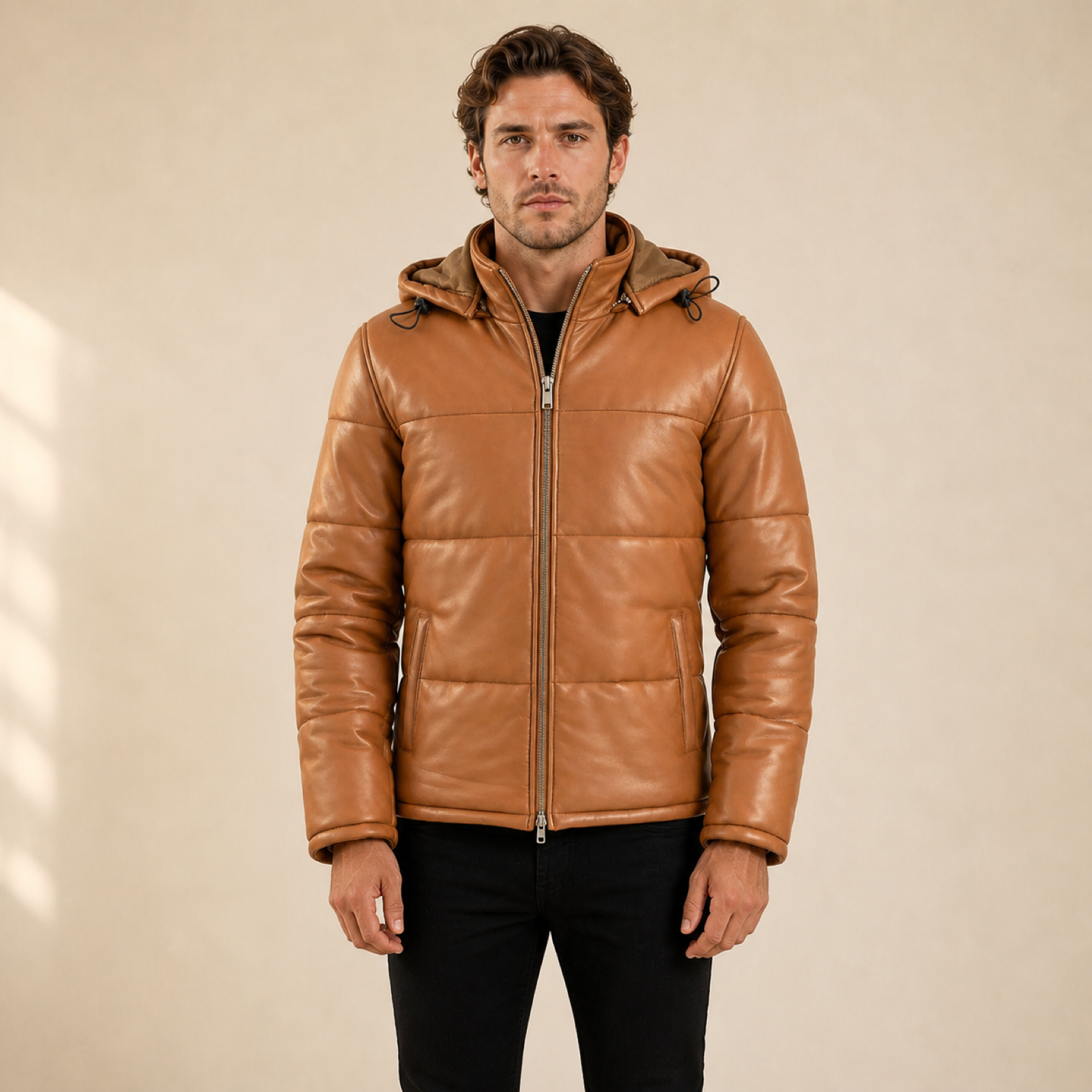 MOTOGRIP GEAR men's tan sheepskin leather hooded puffer jacket, front model view.