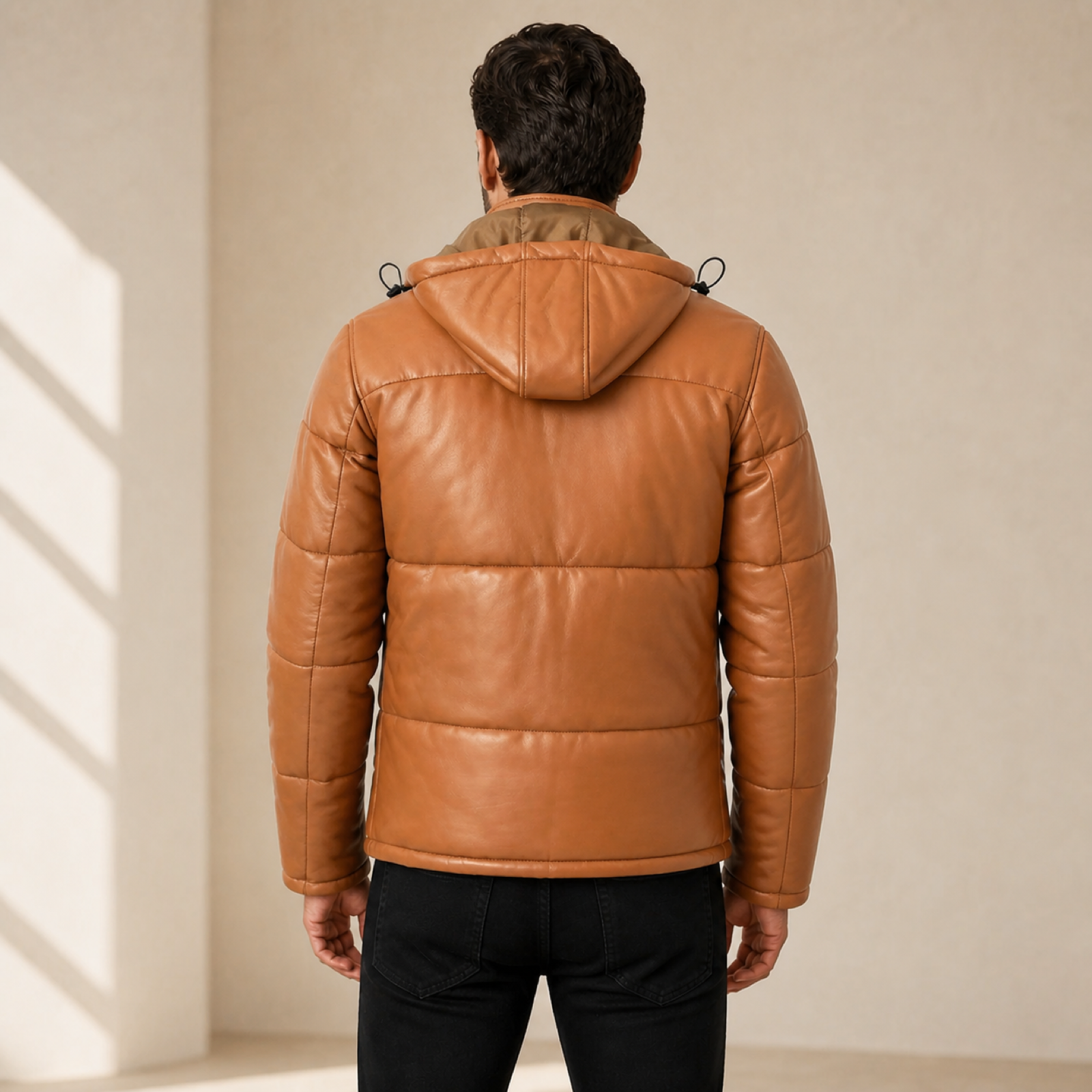 Men's Semi-Aniline Sheepskin Leather Hooded Puffer Jacket image 2