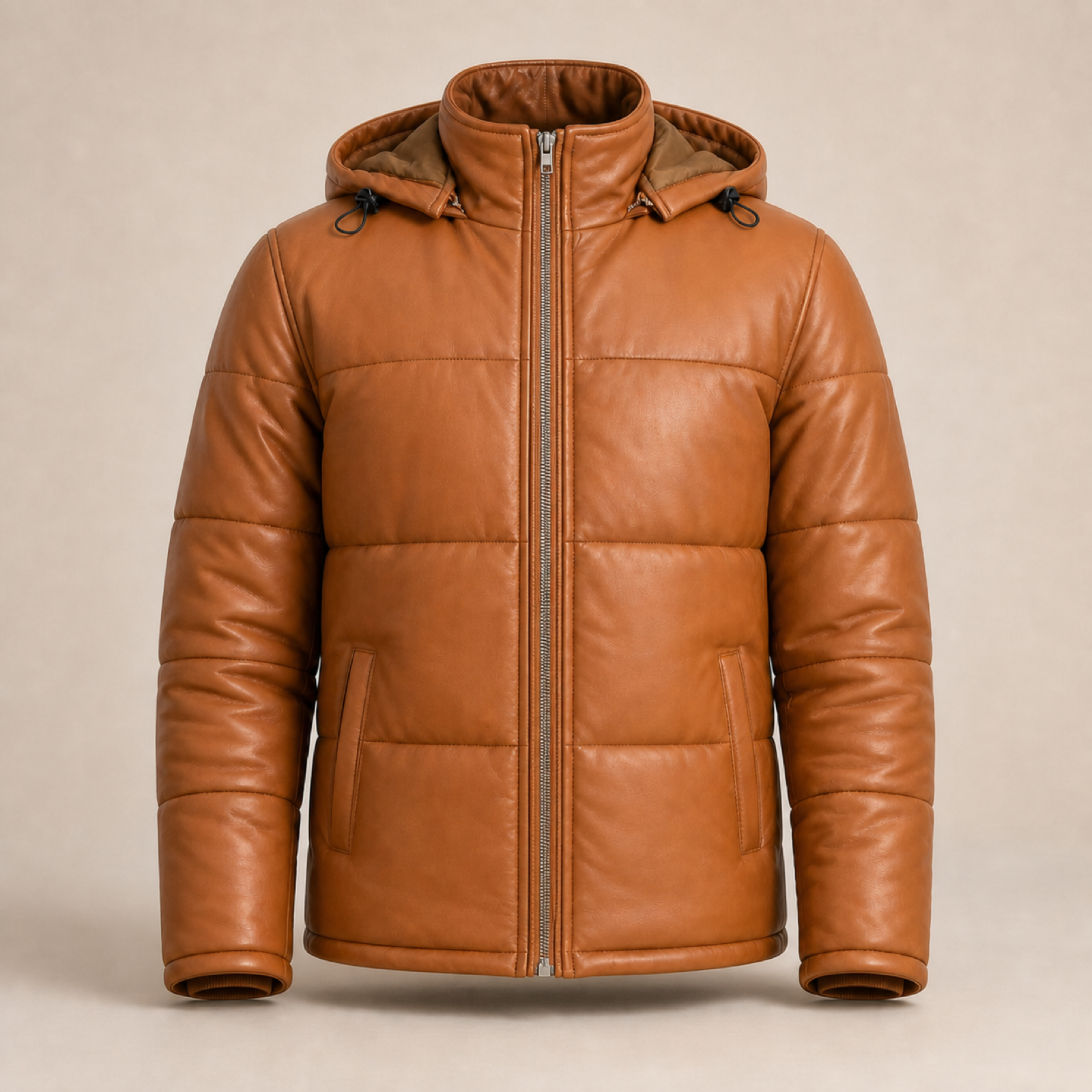 Men's Semi-Aniline Sheepskin Leather Hooded Puffer Jacket image 3