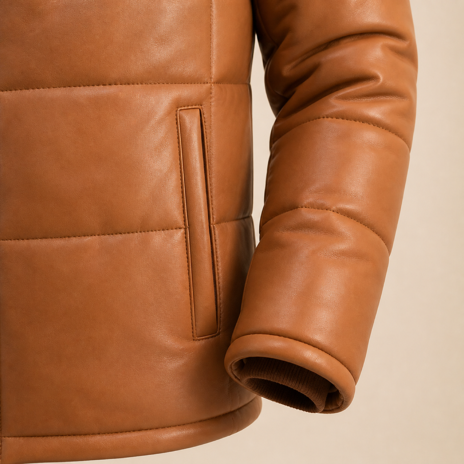 Men's Semi-Aniline Sheepskin Leather Hooded Puffer Jacket image 5