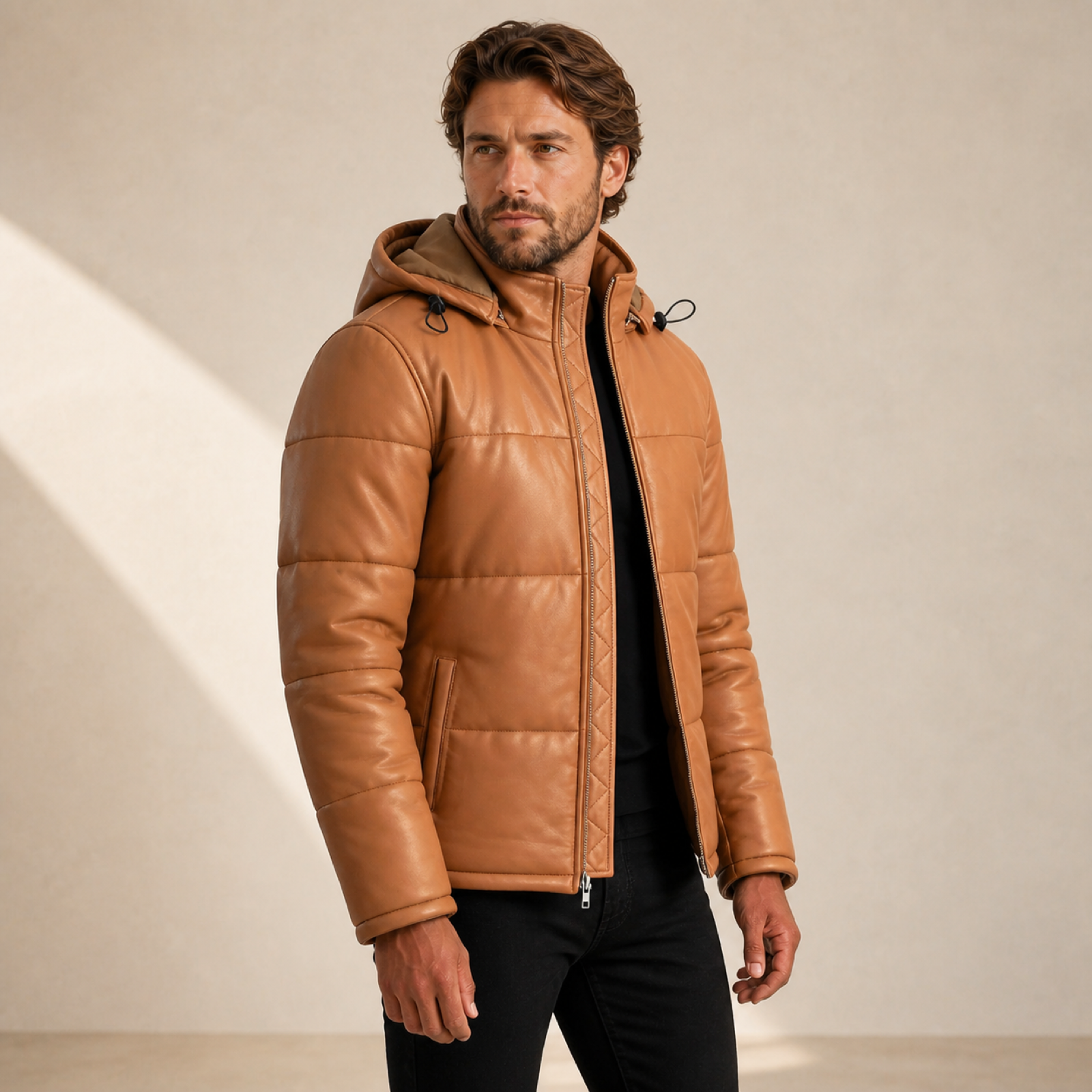 Men's Semi-Aniline Sheepskin Leather Hooded Puffer Jacket image 6