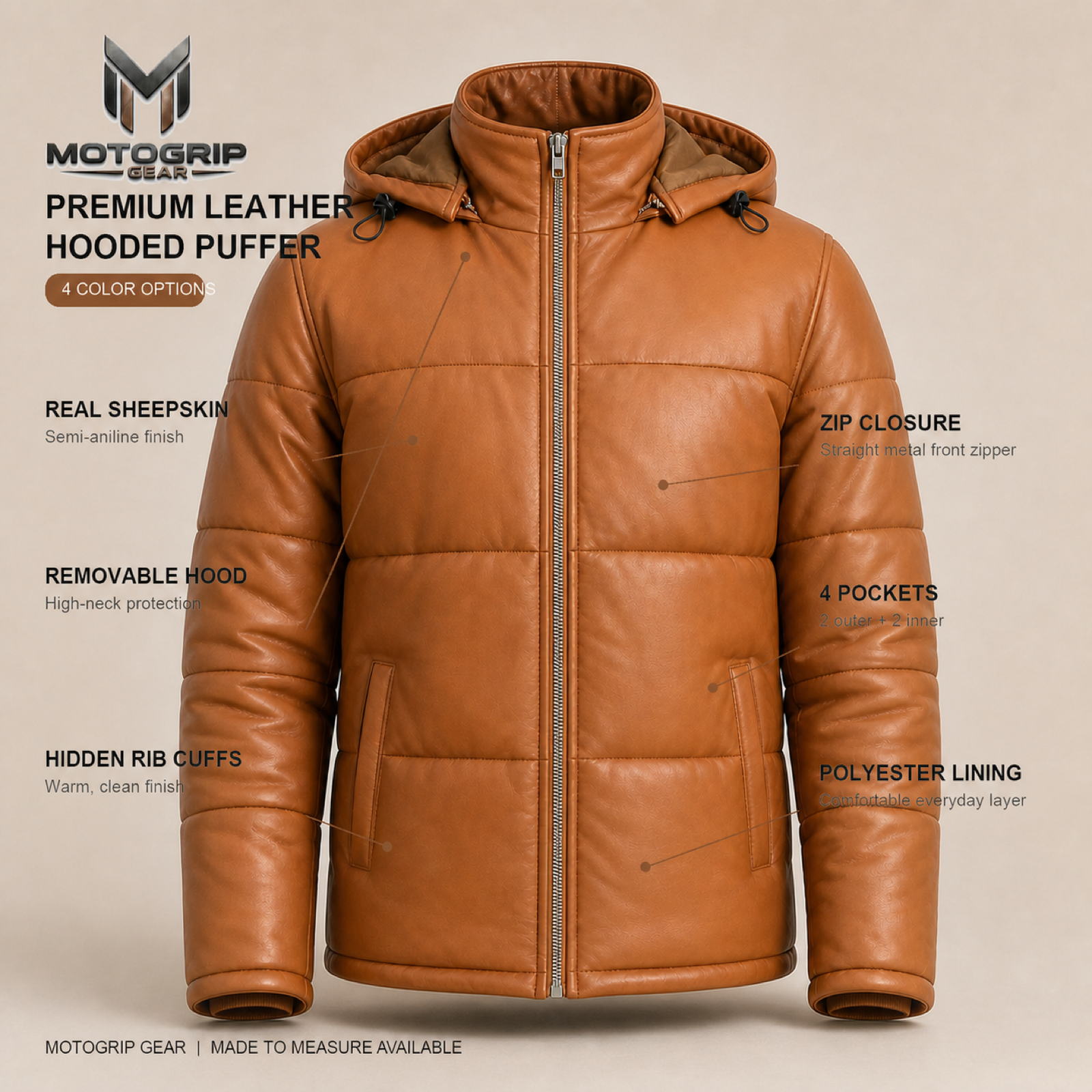 Men's Semi-Aniline Sheepskin Leather Hooded Puffer Jacket image 7