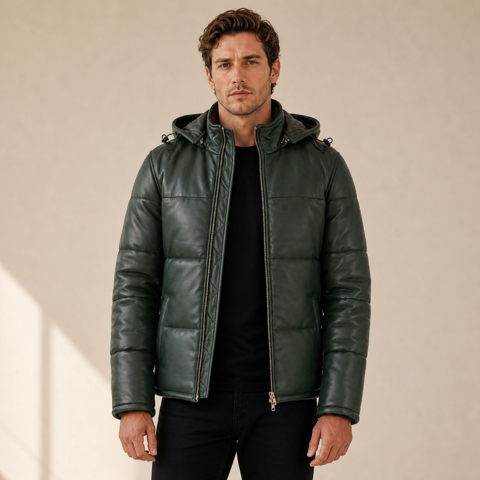 Men's Semi-Aniline Sheepskin Leather Hooded Puffer Jacket image 8