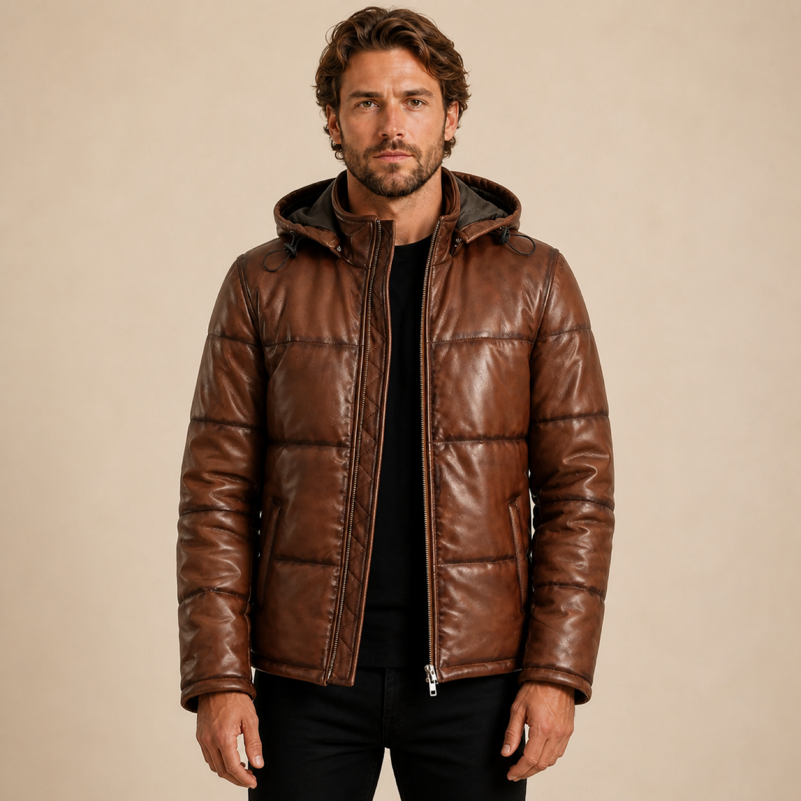 Men's Semi-Aniline Sheepskin Leather Hooded Puffer Jacket image 9