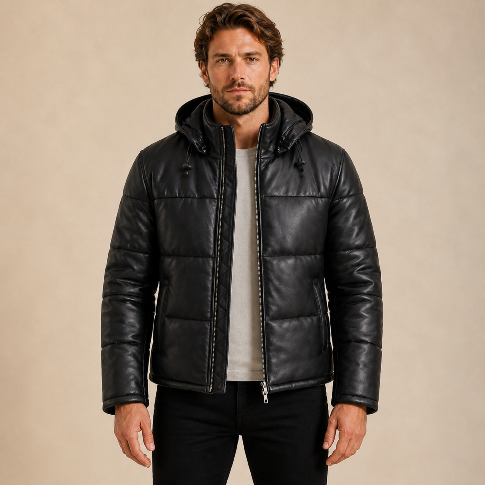 Men's Semi-Aniline Sheepskin Leather Hooded Puffer Jacket image 10