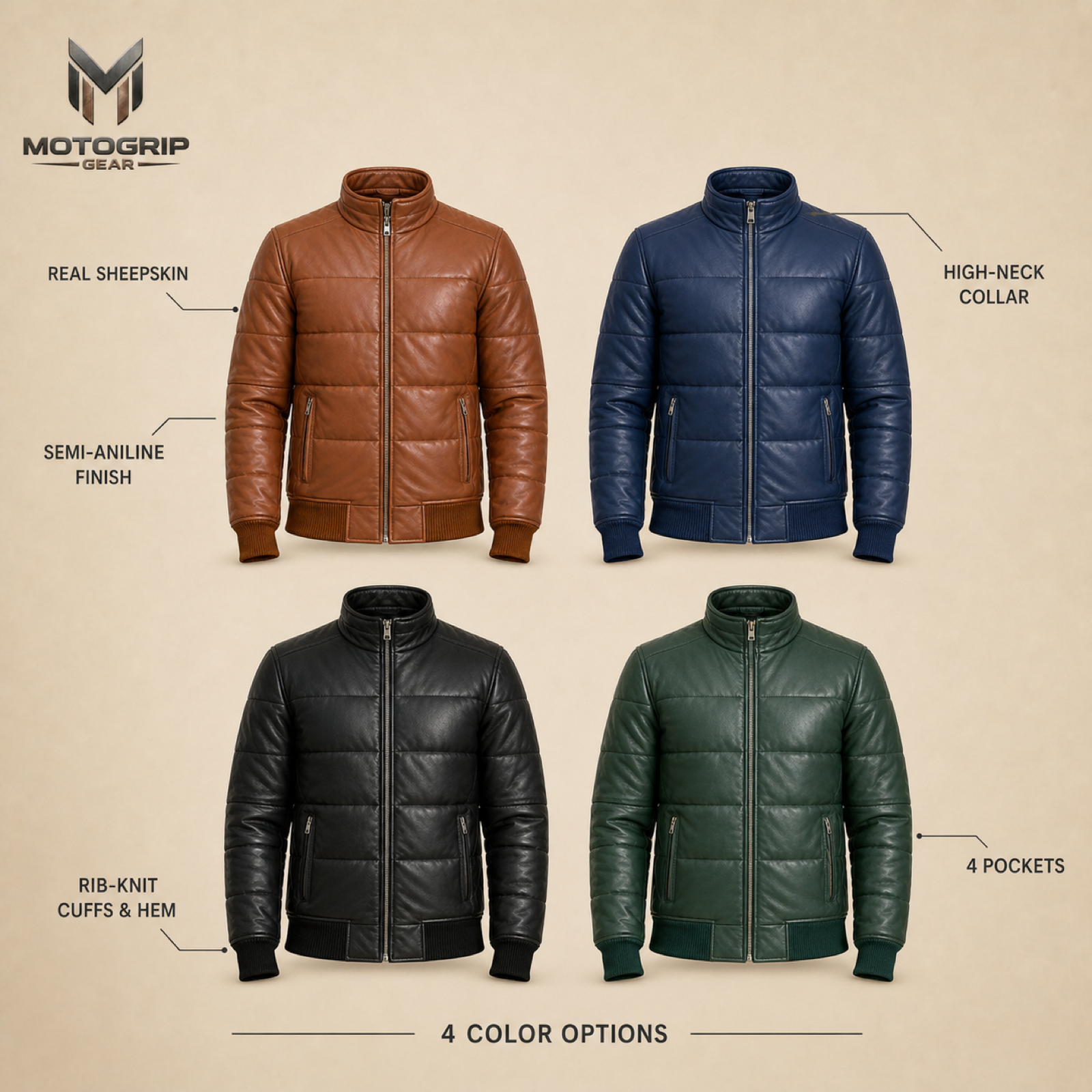 Men's Semi-Aniline Sheepskin Leather Puffer Bomber Jacket image 7