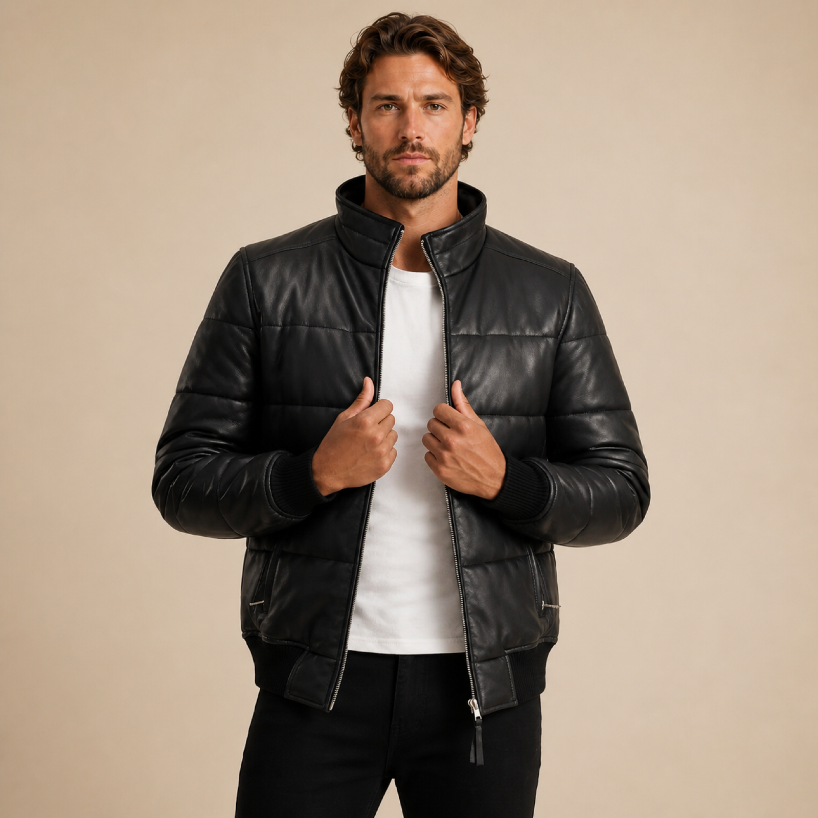 Men's Semi-Aniline Sheepskin Leather Puffer Bomber Jacket image 14