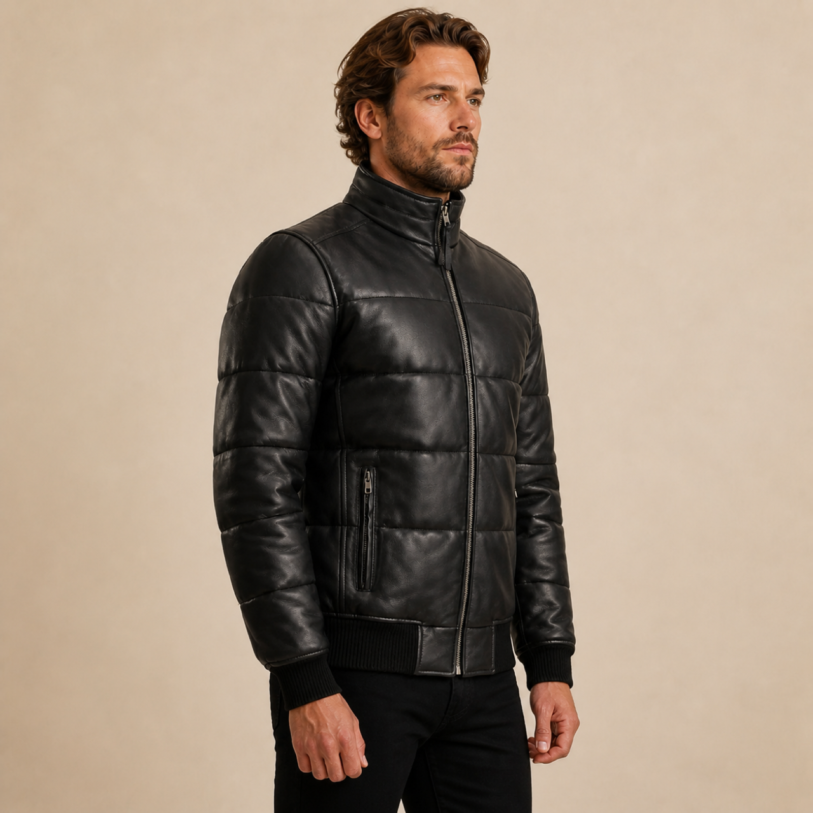 Men's Semi-Aniline Sheepskin Leather Puffer Bomber Jacket image 15