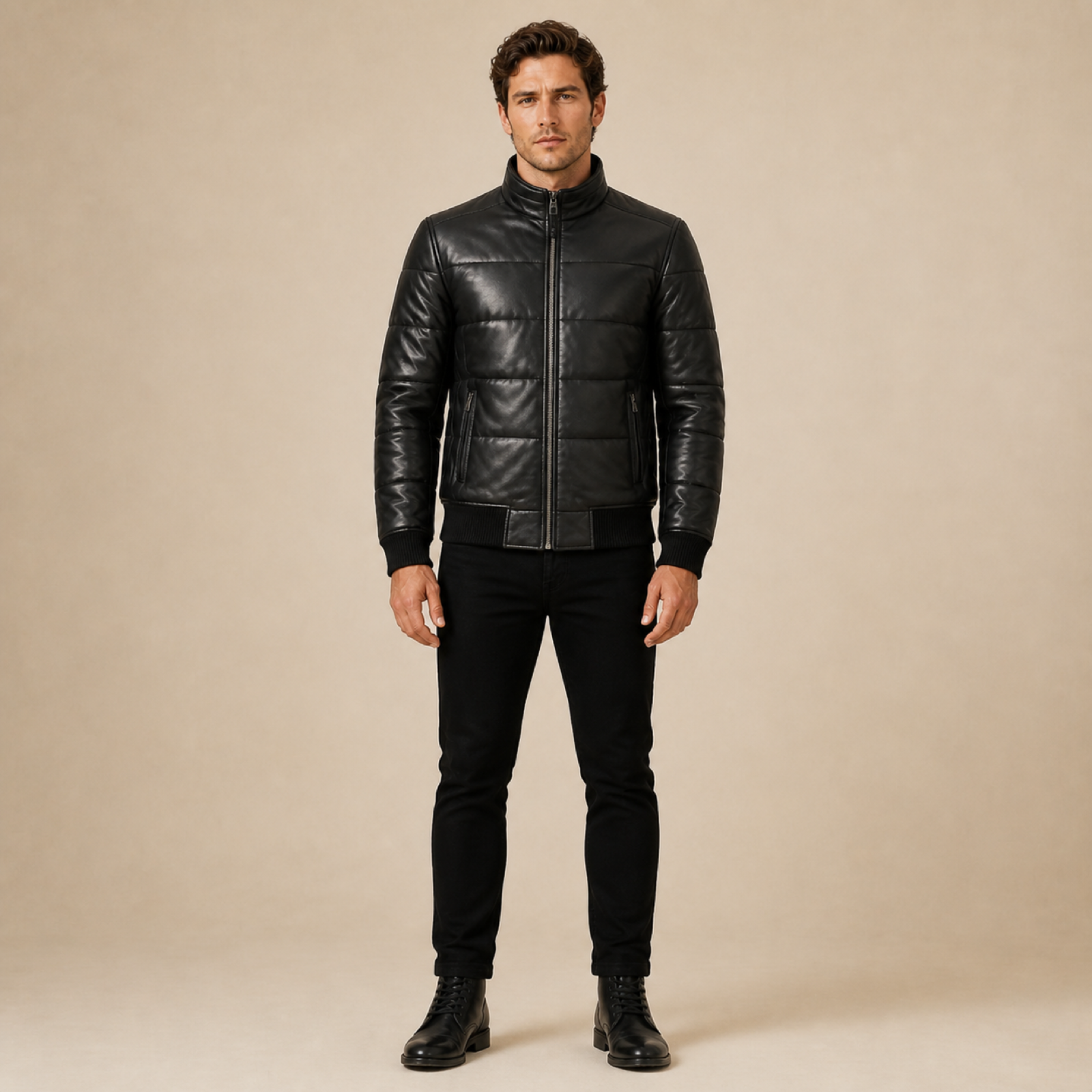 Men's Semi-Aniline Sheepskin Leather Puffer Bomber Jacket image 16