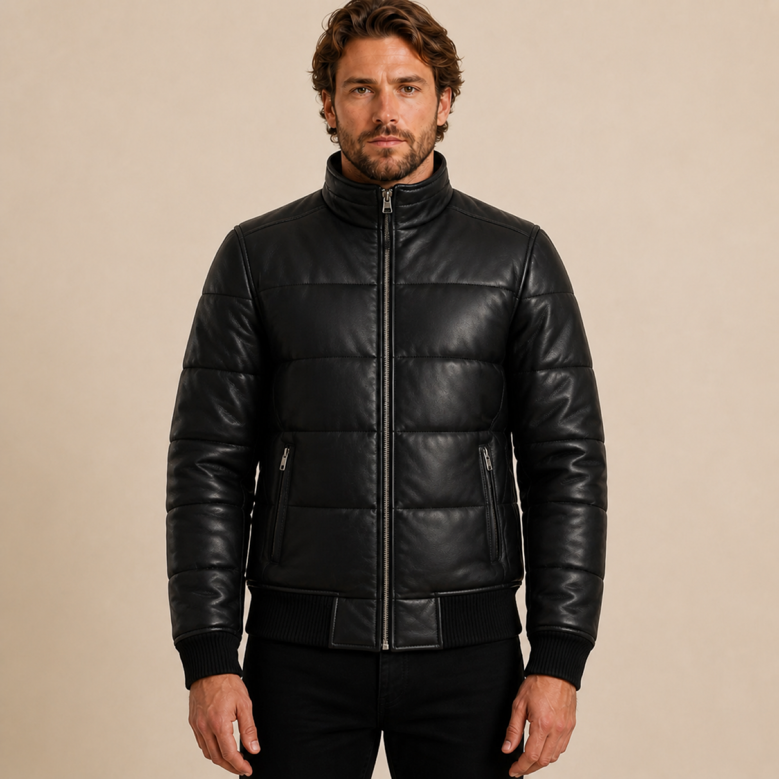 Men's Semi-Aniline Sheepskin Leather Puffer Bomber Jacket image 17