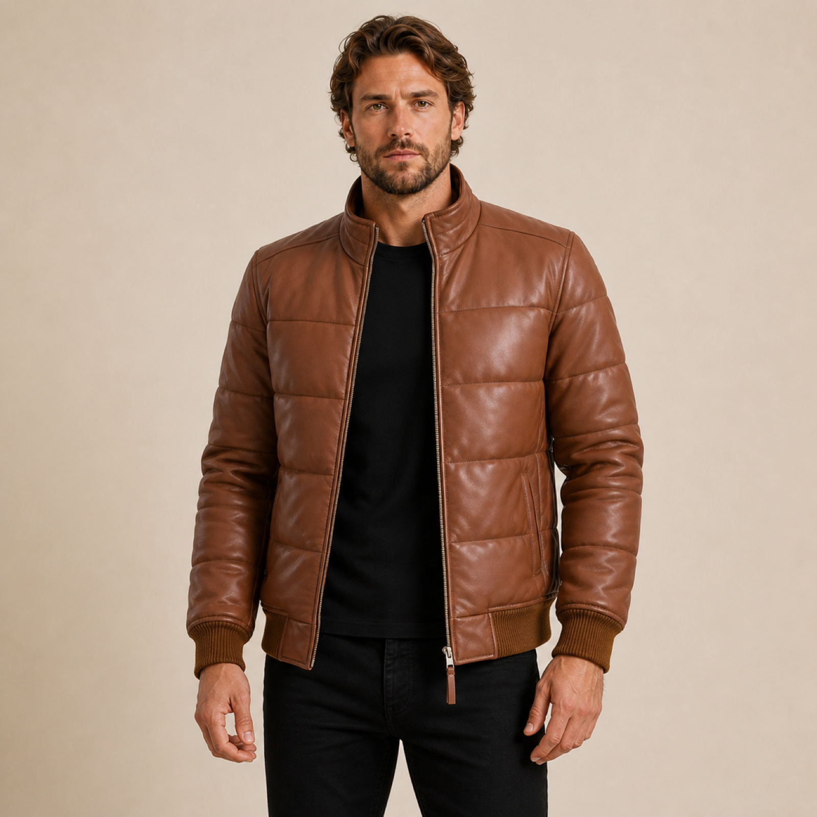 MOTOGRIP GEAR men's brown sheepskin leather puffer bomber jacket worn open from the front.