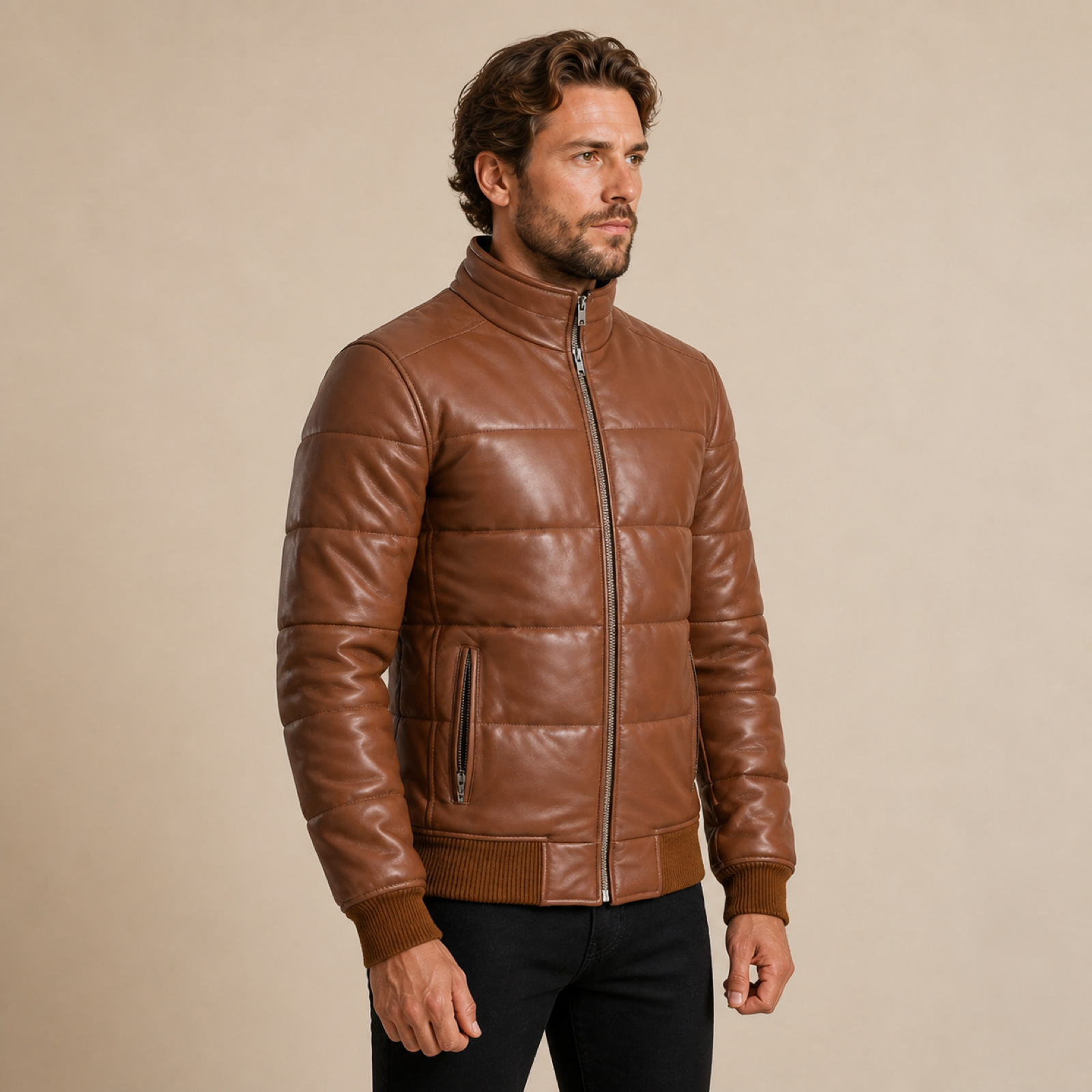Men's Semi-Aniline Sheepskin Leather Puffer Bomber Jacket image 4