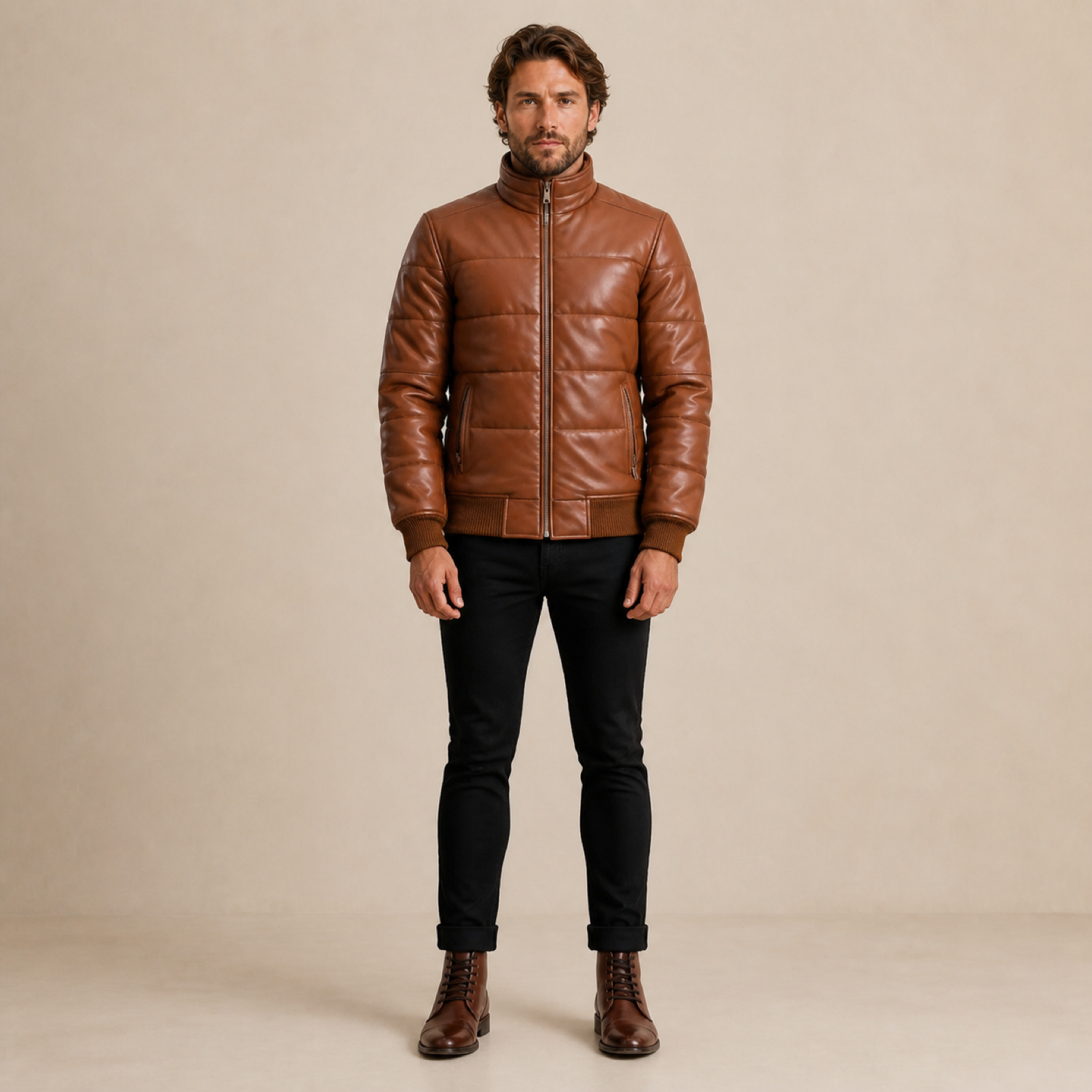 Men's Semi-Aniline Sheepskin Leather Puffer Bomber Jacket image 3