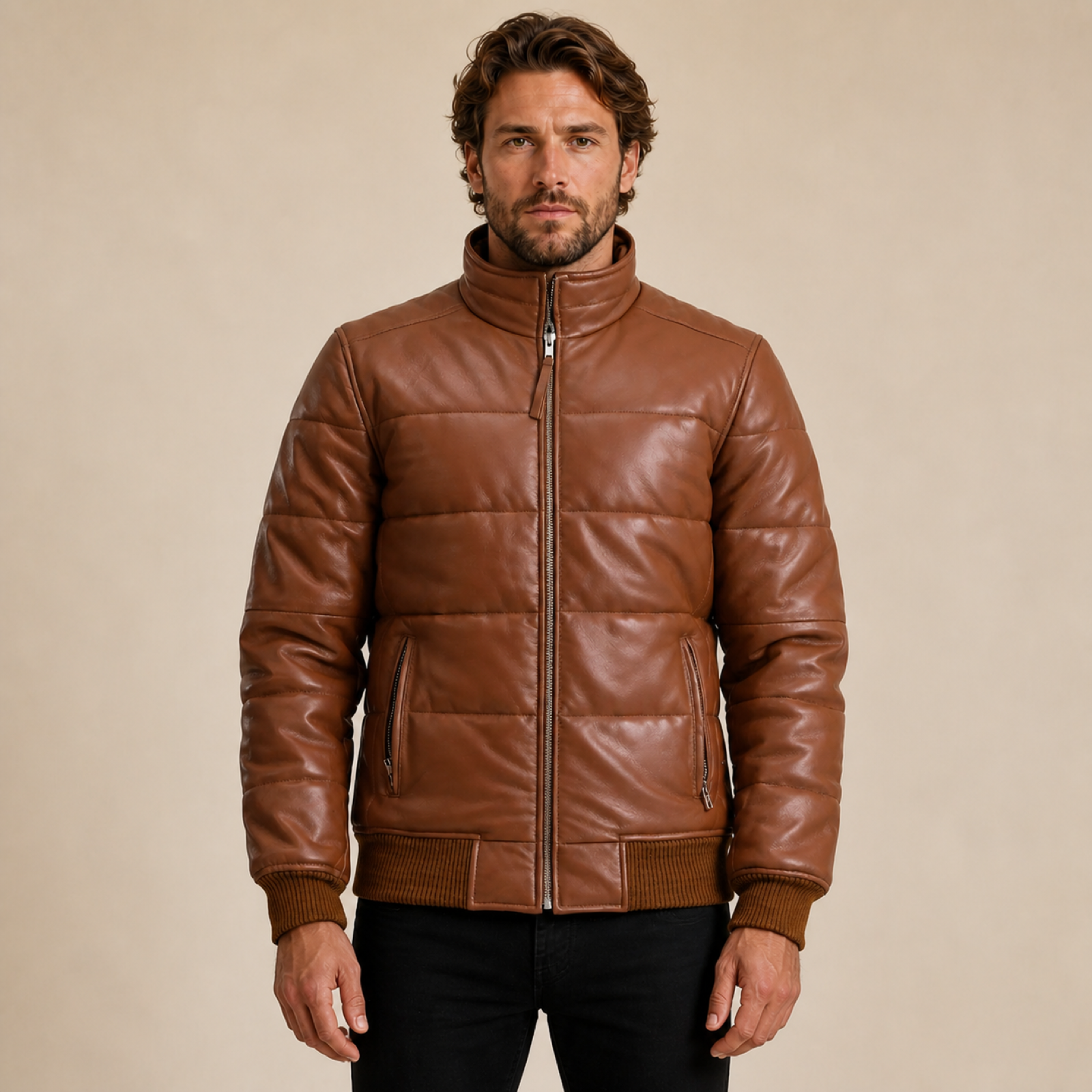 Men's Semi-Aniline Sheepskin Leather Puffer Bomber Jacket image 5
