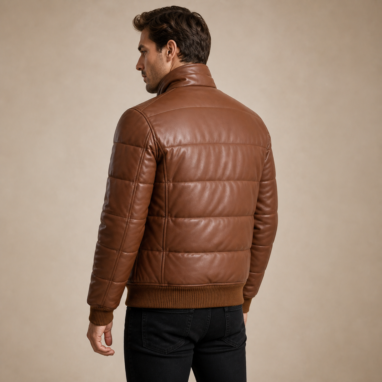 Men's Semi-Aniline Sheepskin Leather Puffer Bomber Jacket image 2