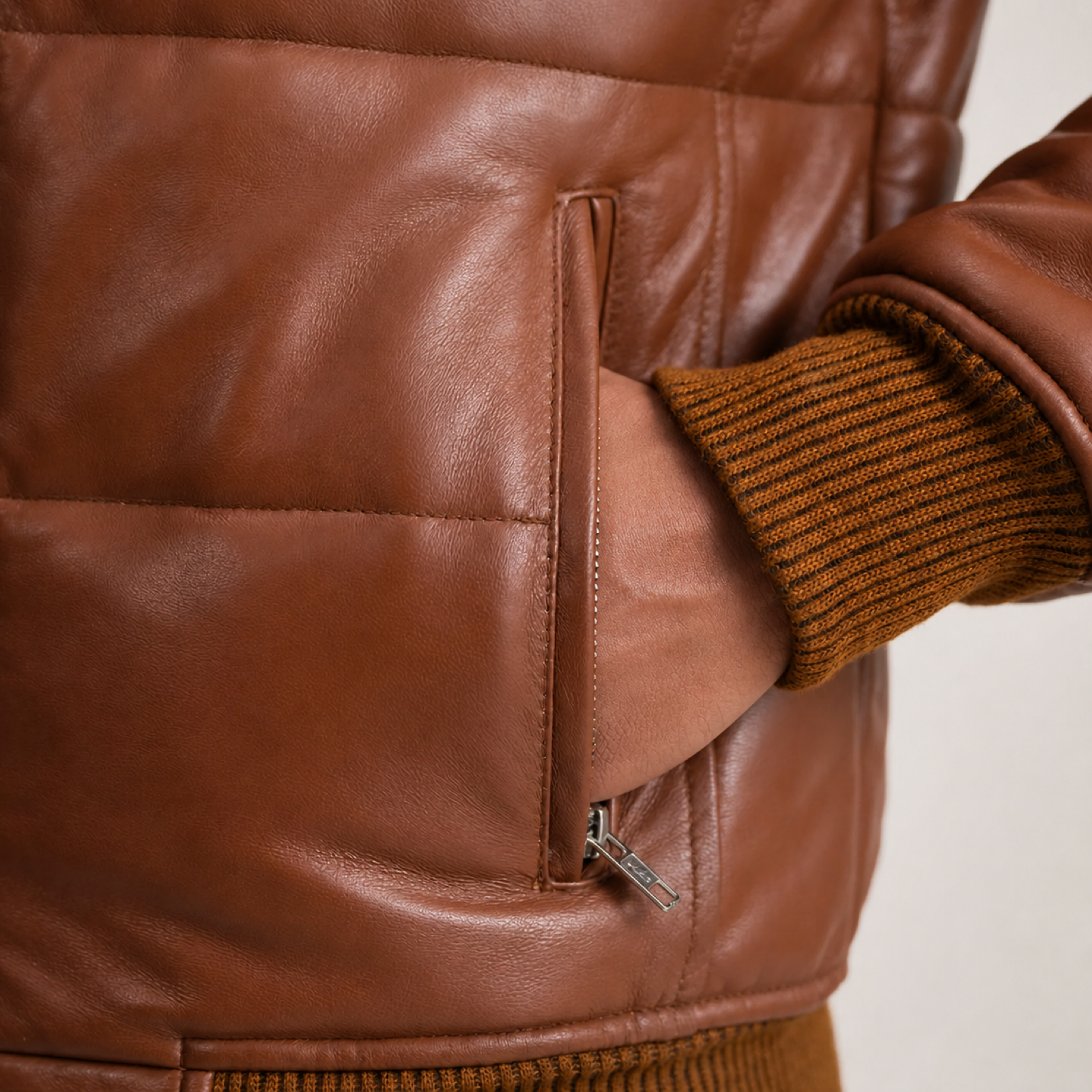 Men's Semi-Aniline Sheepskin Leather Puffer Bomber Jacket image 6