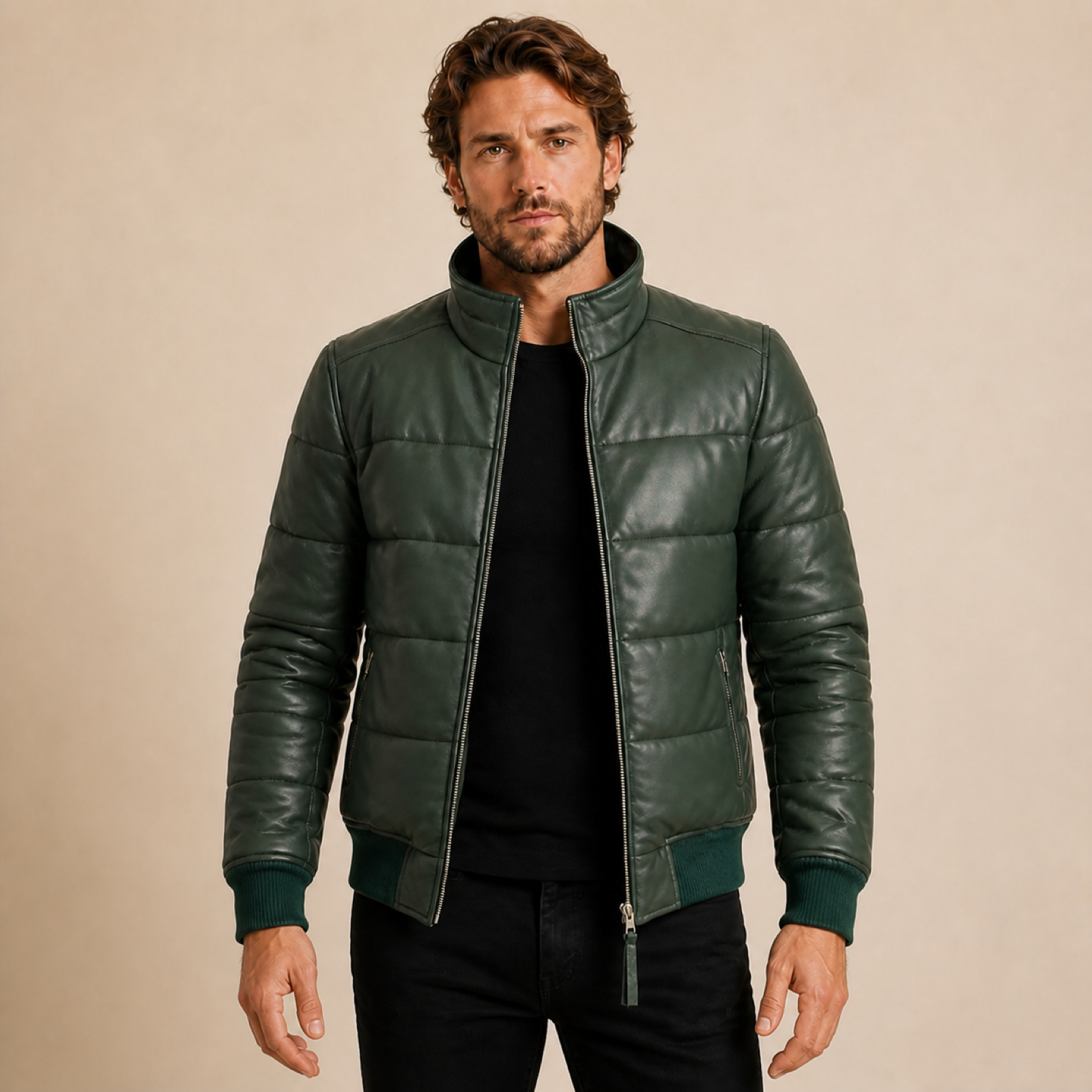 Men's Semi-Aniline Sheepskin Leather Puffer Bomber Jacket image 20