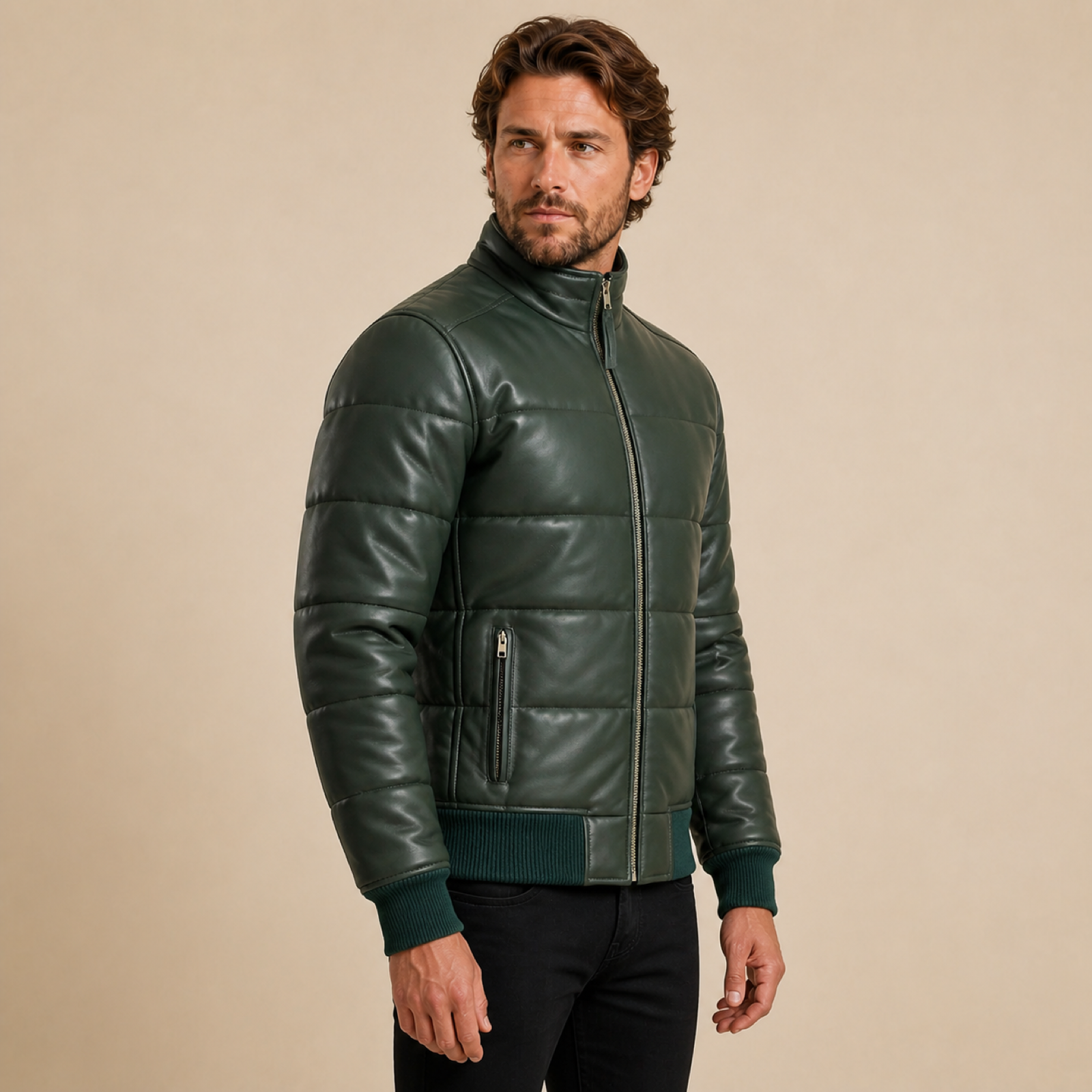 Men's Semi-Aniline Sheepskin Leather Puffer Bomber Jacket image 21
