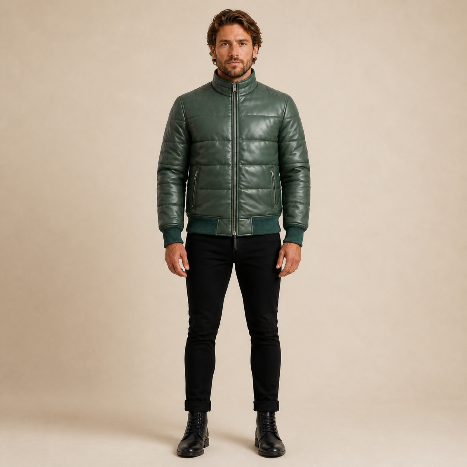 Men's Semi-Aniline Sheepskin Leather Puffer Bomber Jacket image 22