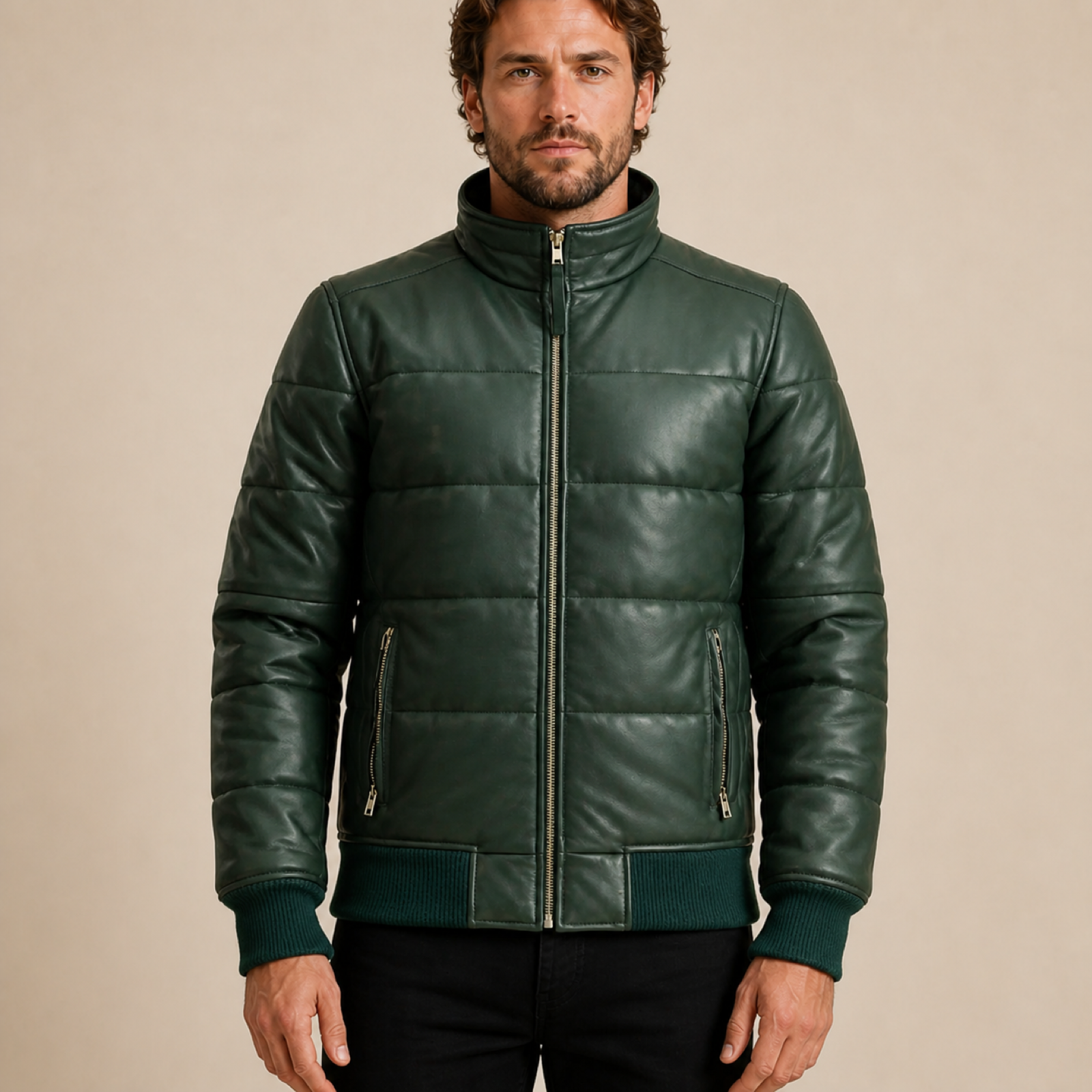 Men's Semi-Aniline Sheepskin Leather Puffer Bomber Jacket image 23