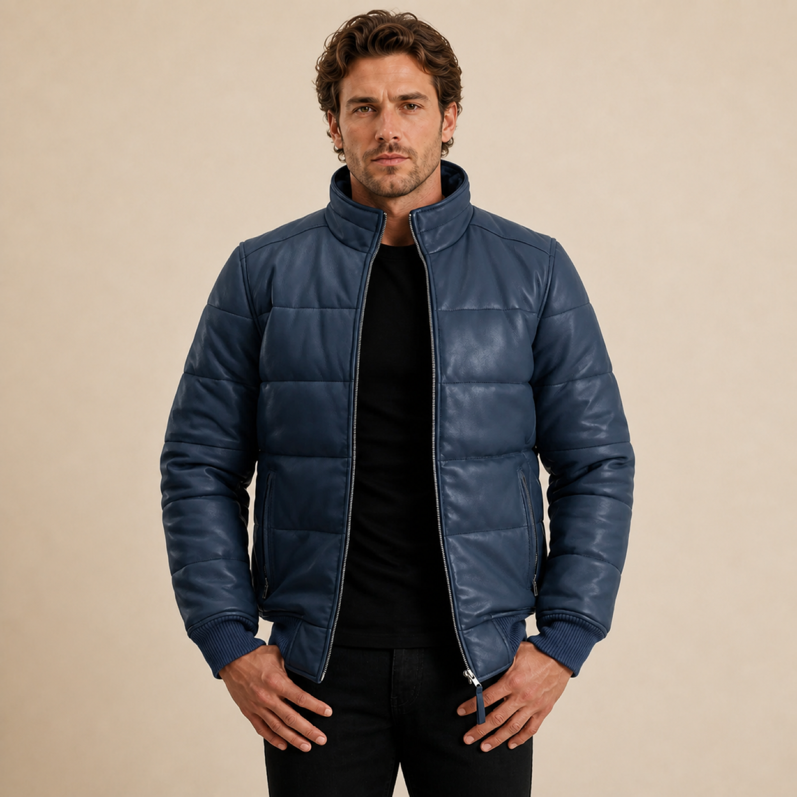 Men's Semi-Aniline Sheepskin Leather Puffer Bomber Jacket image 8