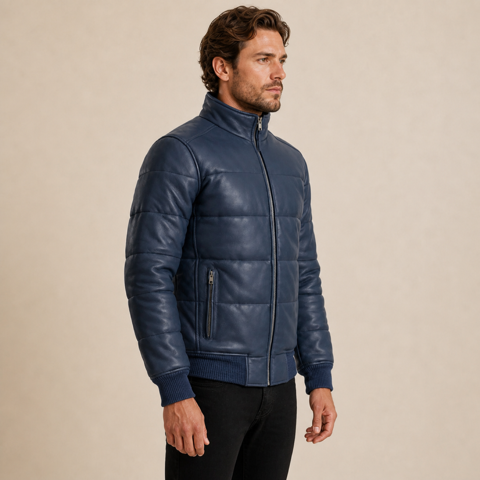 Men's Semi-Aniline Sheepskin Leather Puffer Bomber Jacket image 9