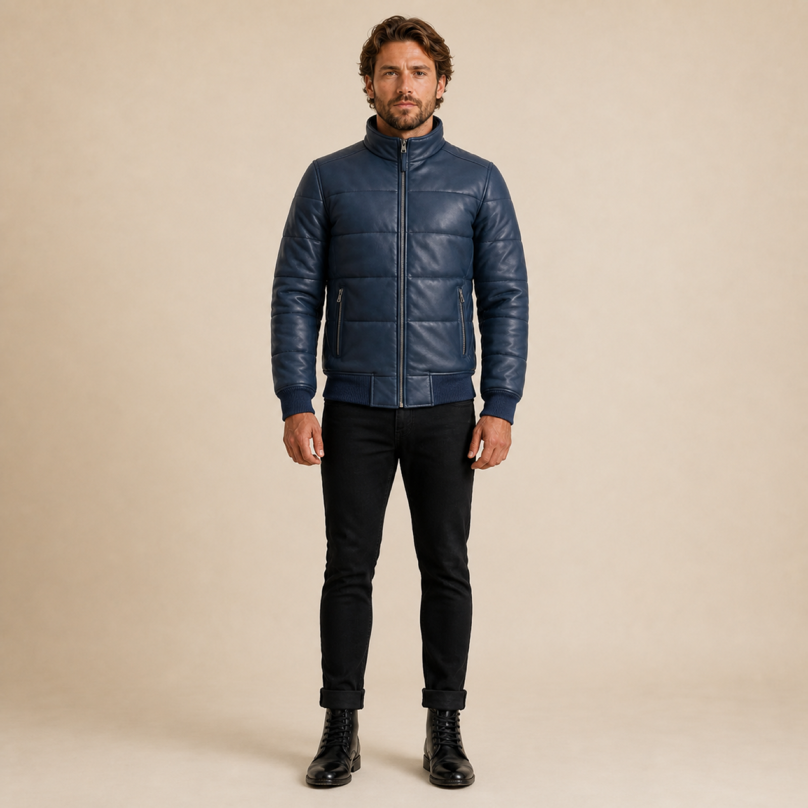 Men's Semi-Aniline Sheepskin Leather Puffer Bomber Jacket image 10