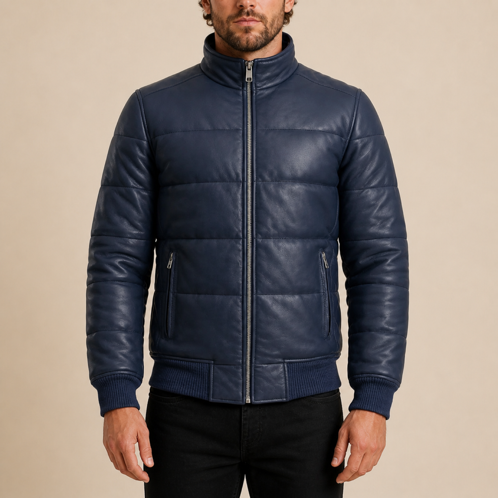 Men's Semi-Aniline Sheepskin Leather Puffer Bomber Jacket image 11